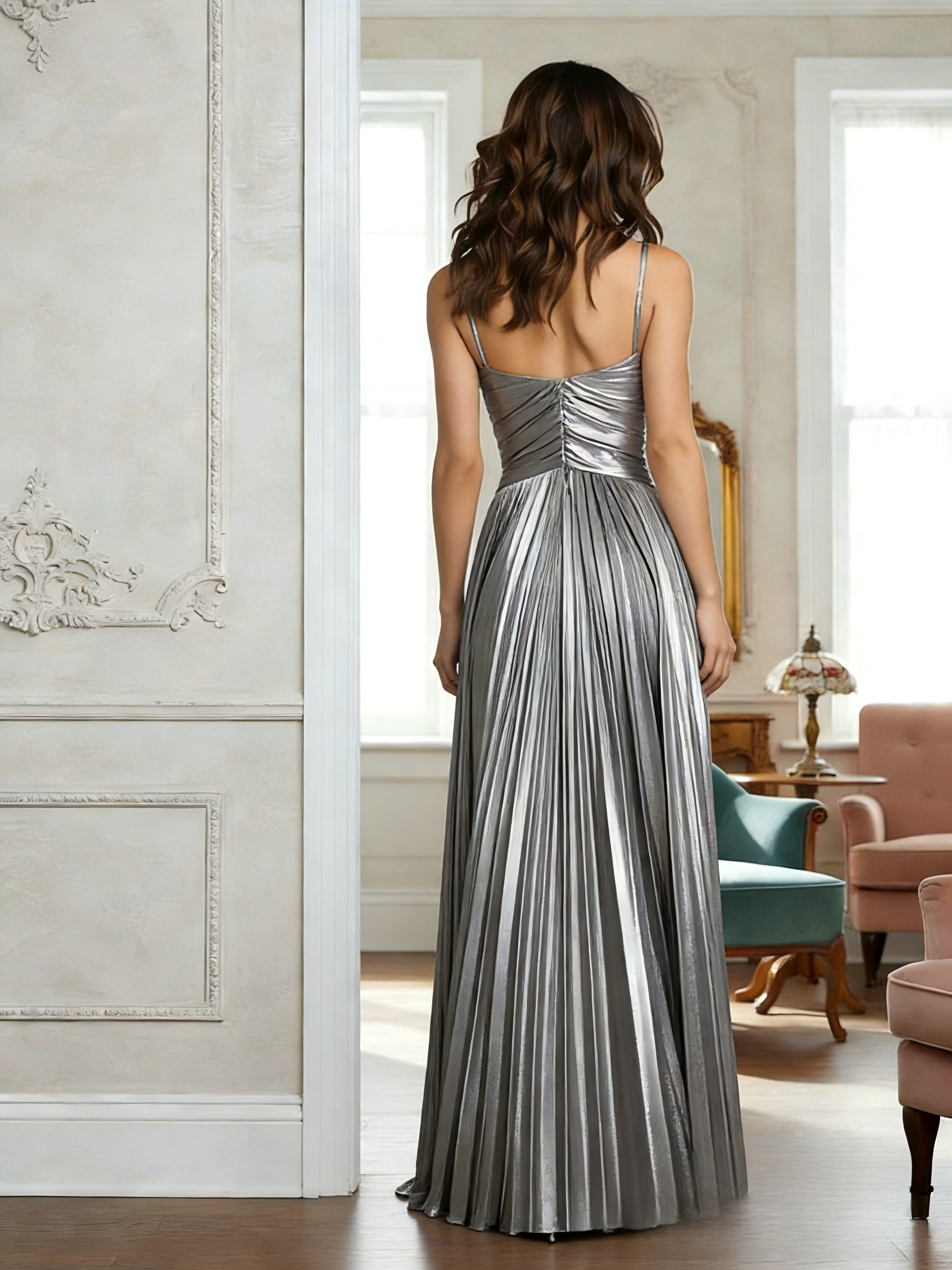 Sparkly Metallic A Line Spaghetti Straps Prom Dresses with Slit