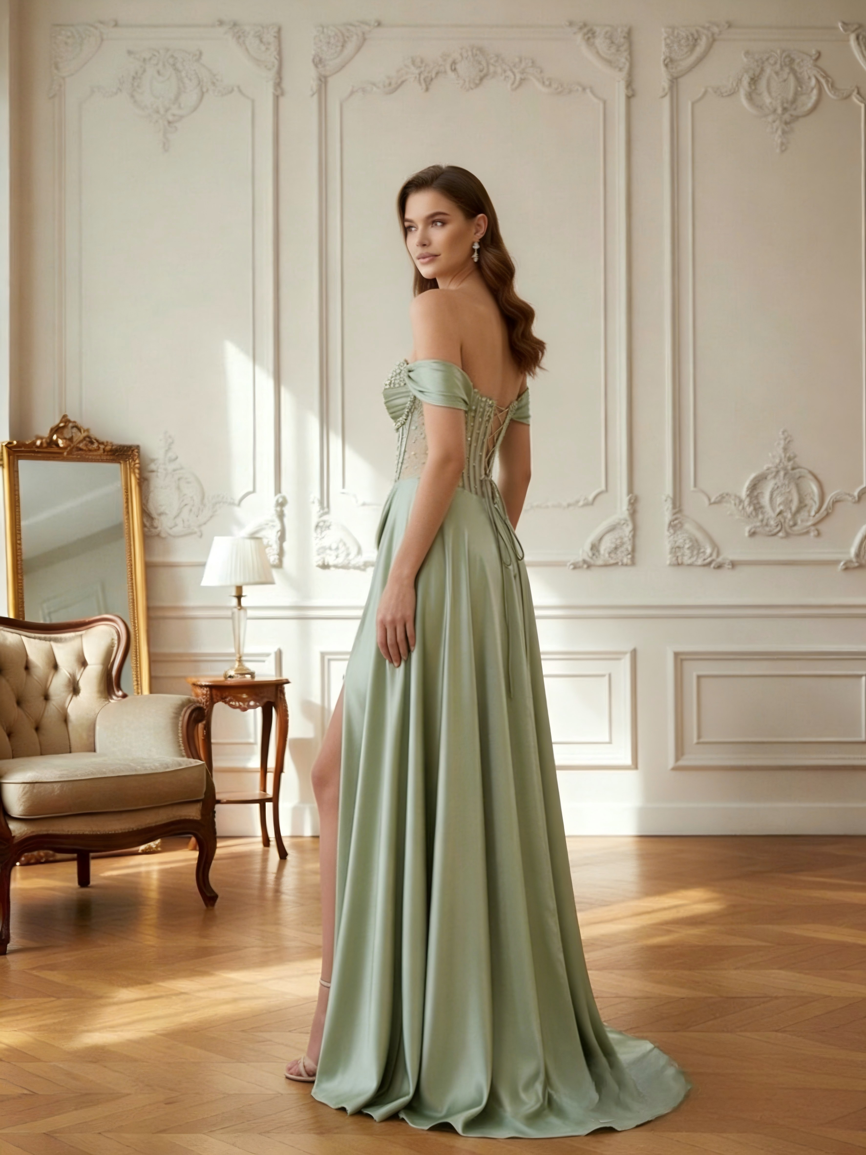 Off Shoulder A Line Satin Beadings Prom Dresses with Slit