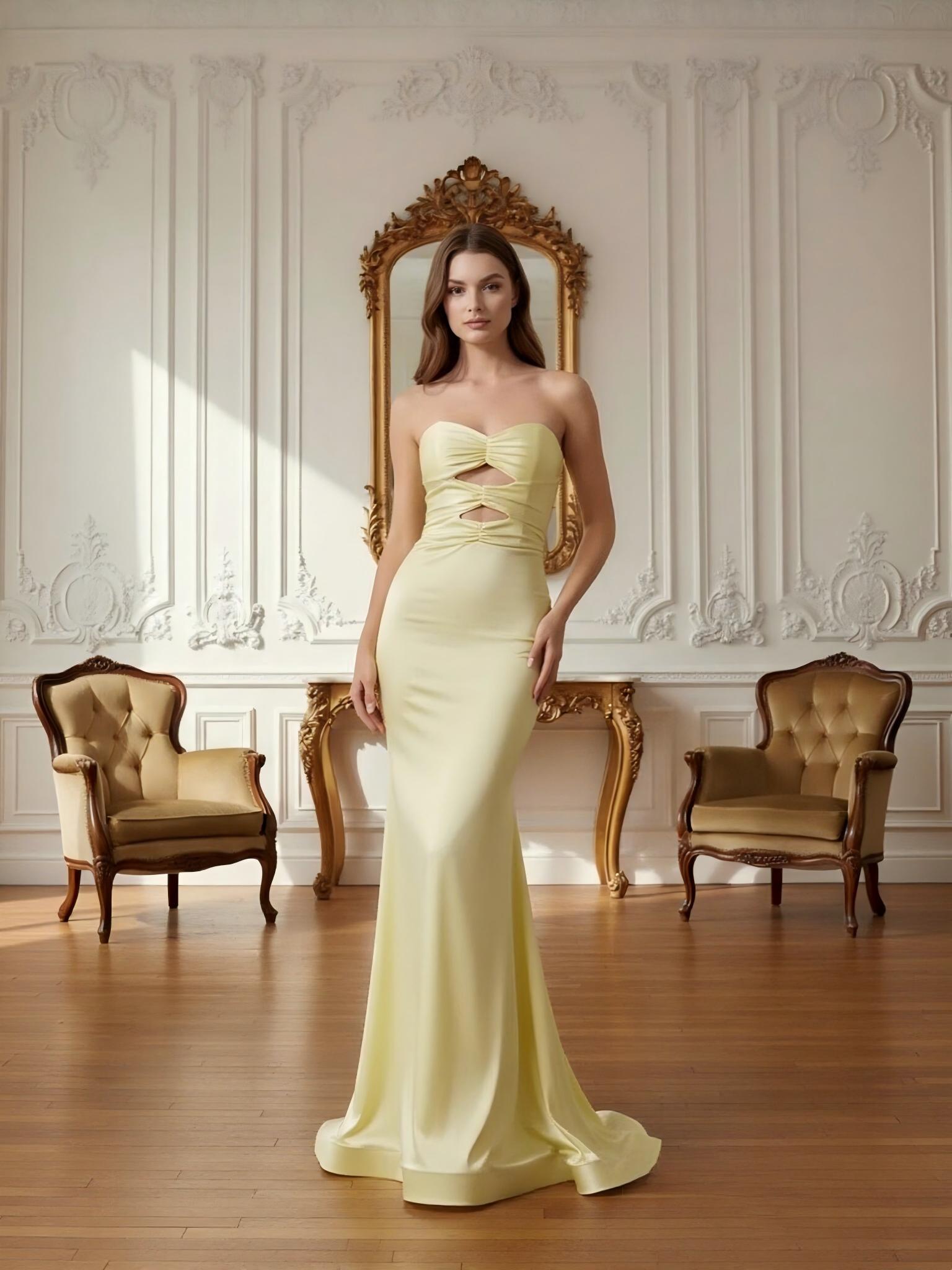 Strapless Mermaid Satin Cut Out Sleeveless Prom Dresses