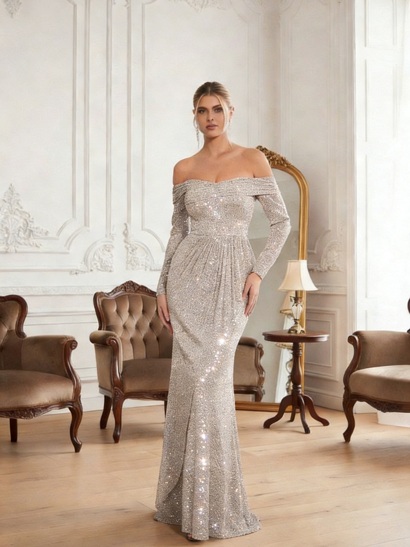 Off Shoulder Mermaid Glitter Sequin Long Sleeves Prom Dresses