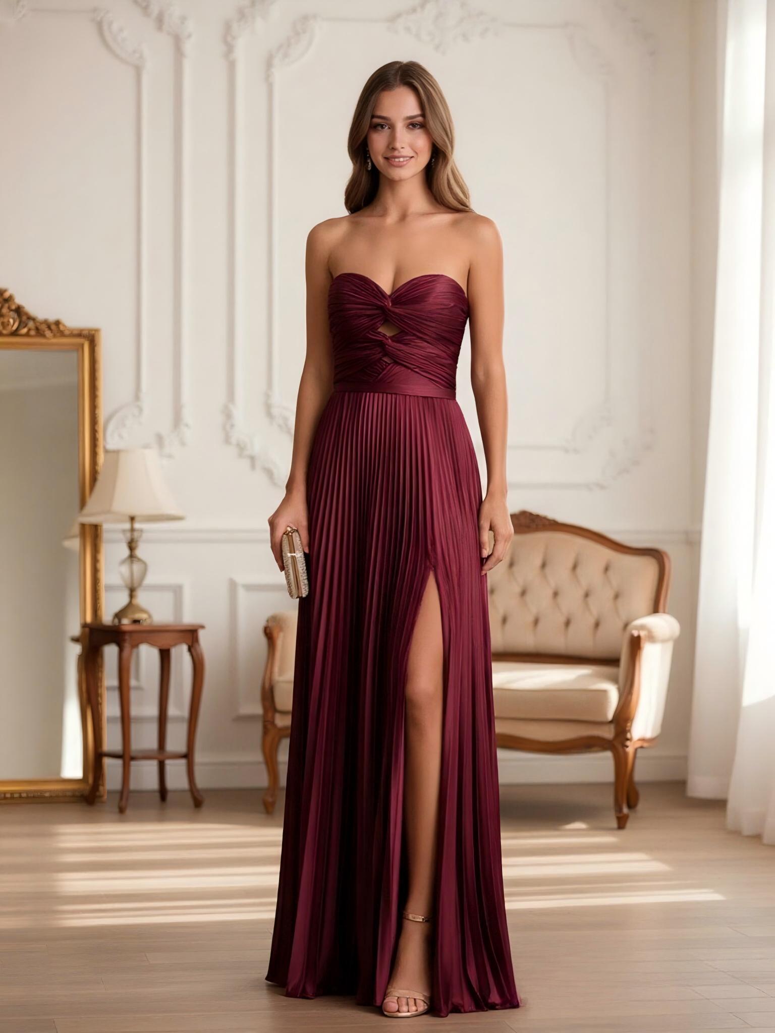 Strapless A Line Satin Pleated Cut Out Prom Dresses with Slit