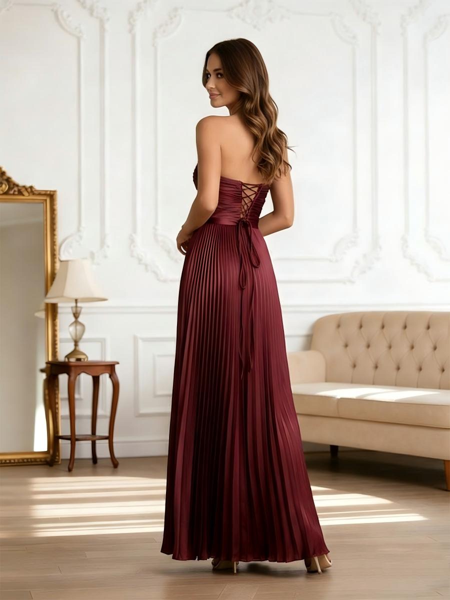 Strapless A Line Satin Pleated Cut Out Prom Dresses with Slit