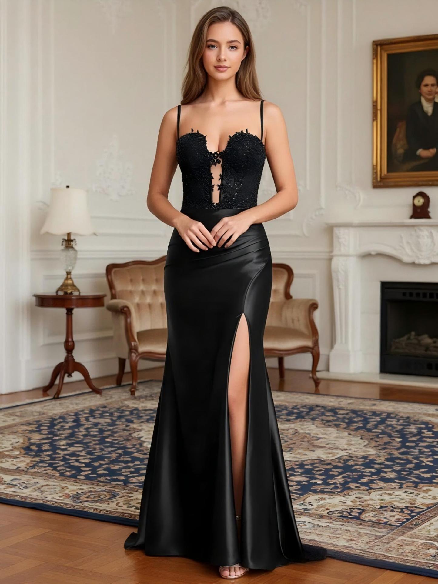 Spaghetti Straps Mermaid Satin Applique Prom Dresses with Slit