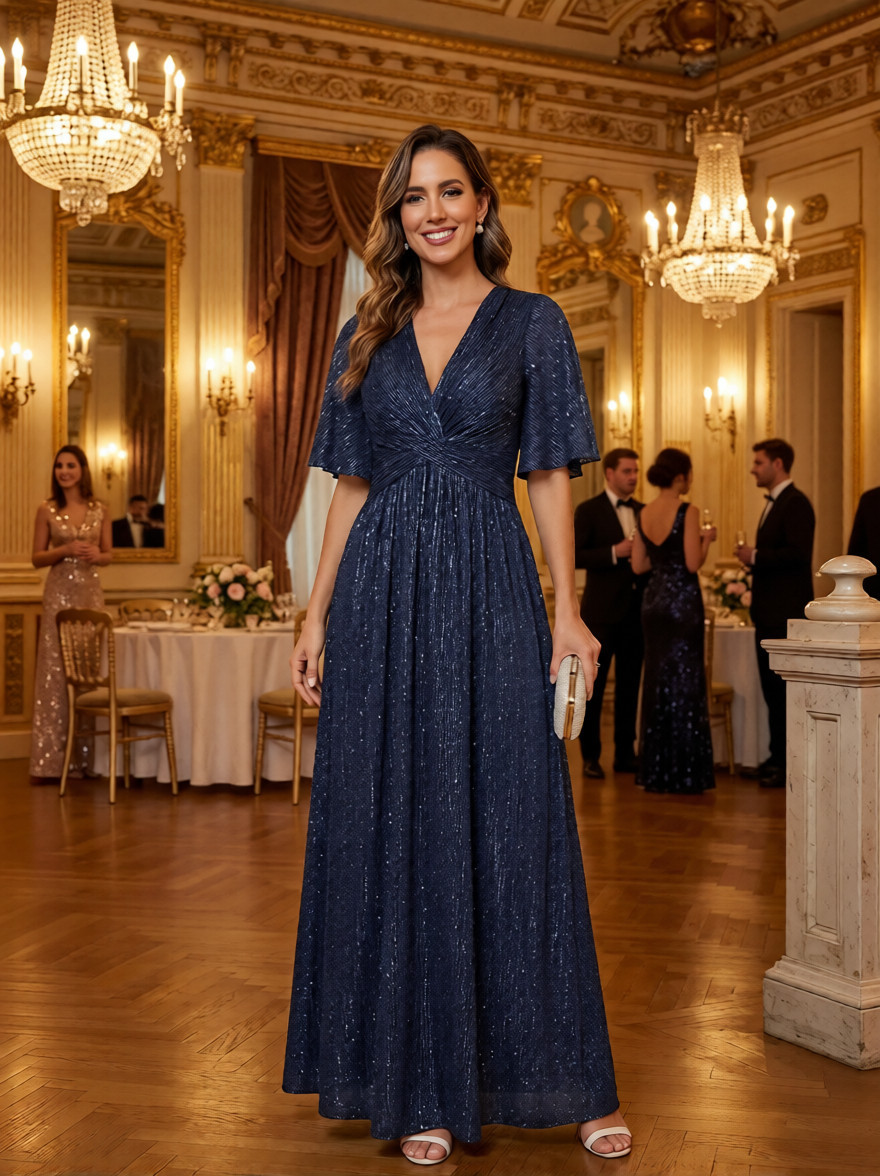 Glitter V Neck A Line Half Sleeves Long Mother of Bride Dresses