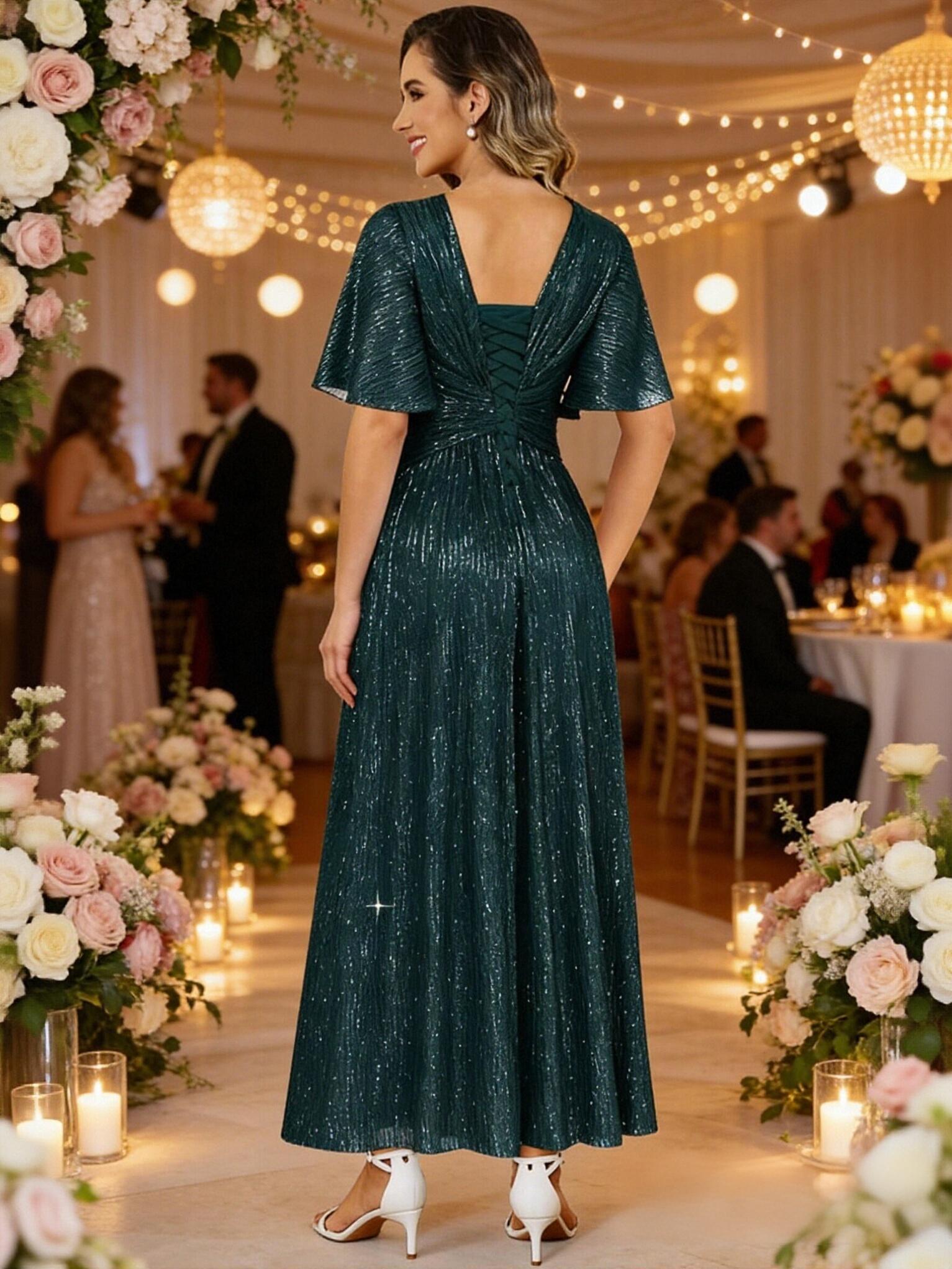 Glitter V Neck A Line Half Sleeves Long Mother of Bride Dresses