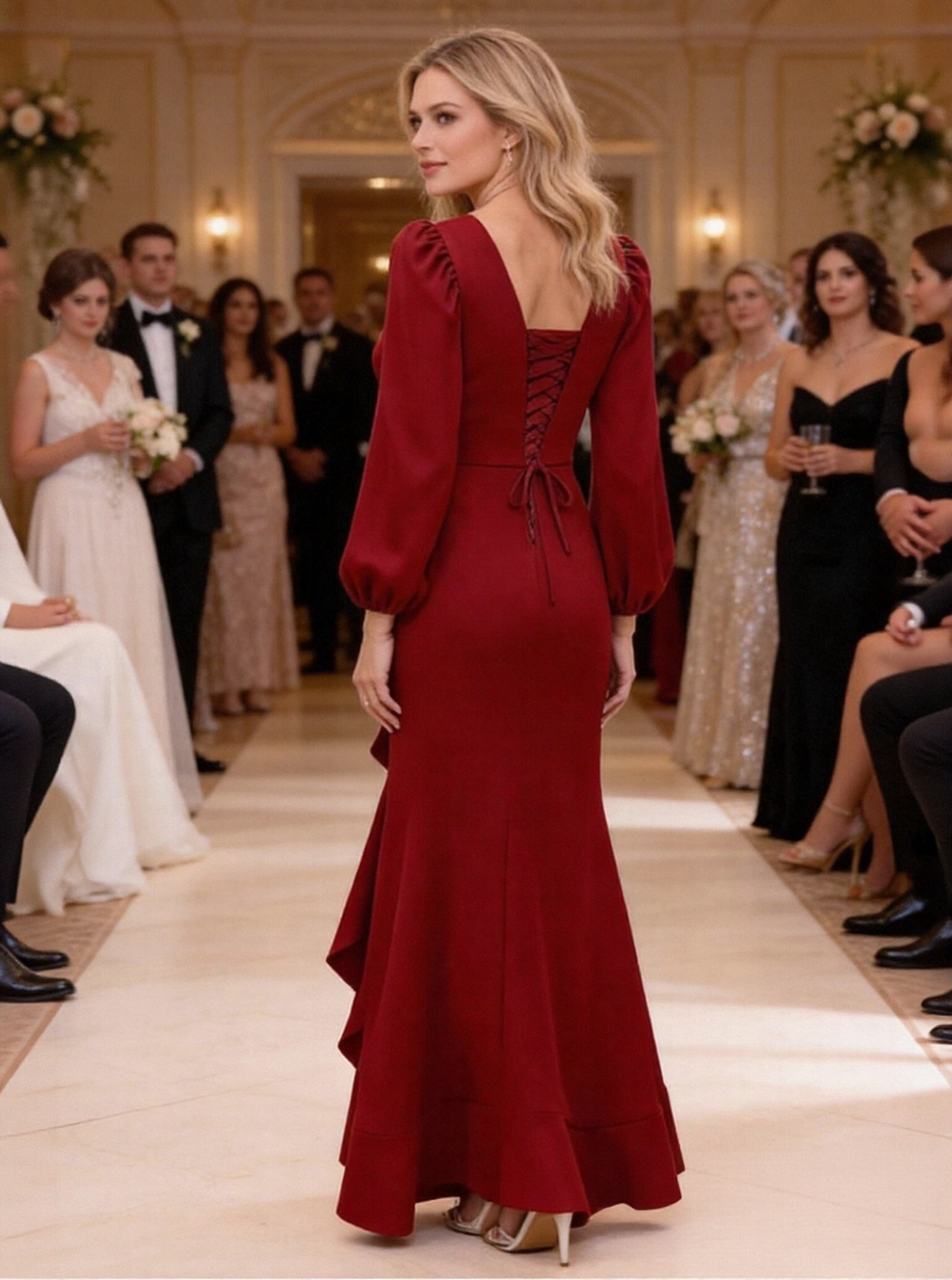 Satin Ruffles Long Sleeves V Neck Mother of the Bride Dresses