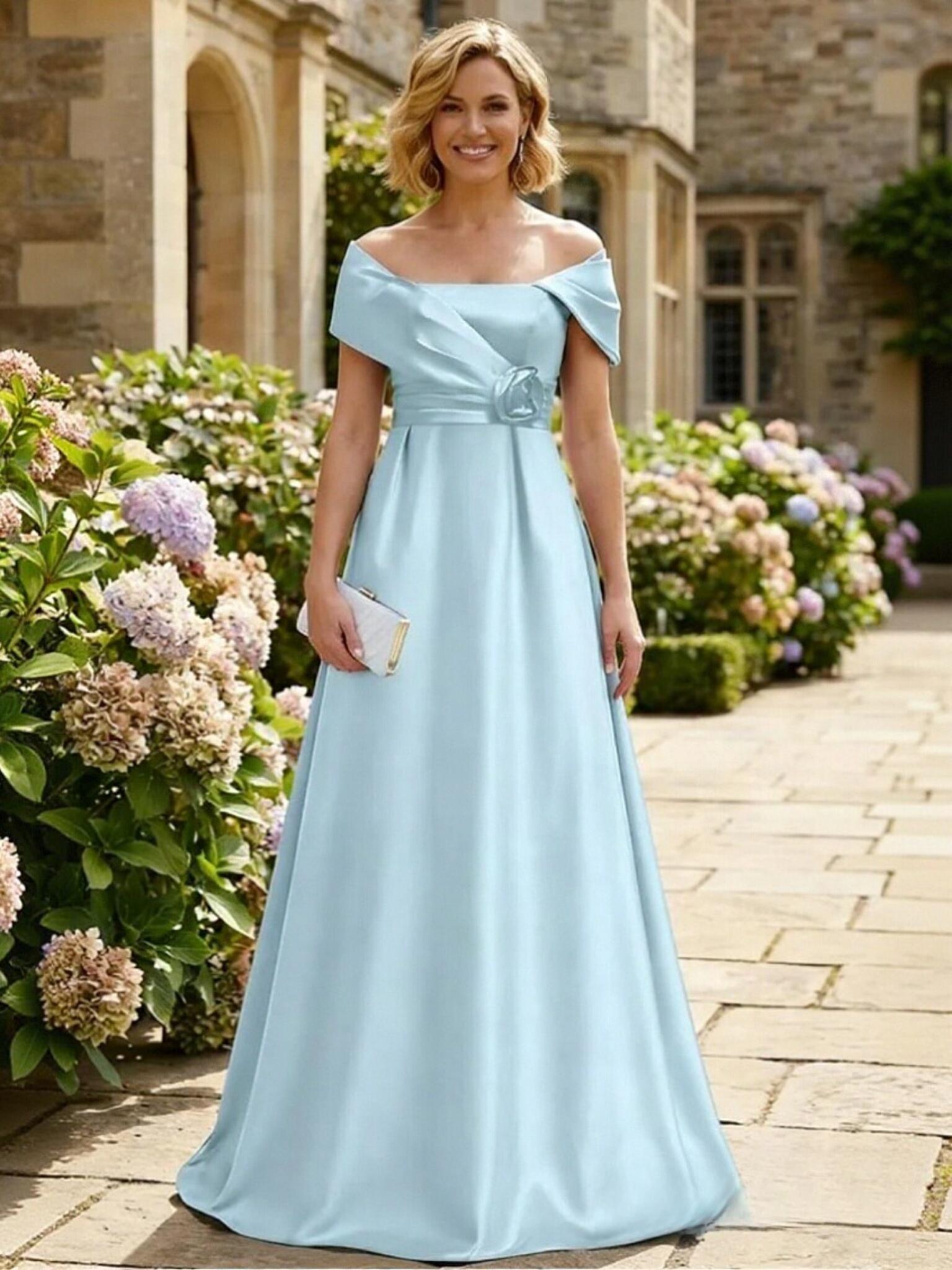 Satin Off Shoulder A Line Sleeveless Mother of The Bride Dresses