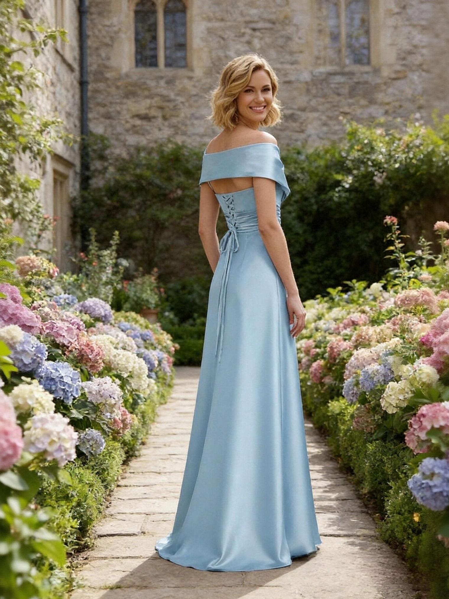 Satin Off Shoulder A Line Sleeveless Mother of The Bride Dresses