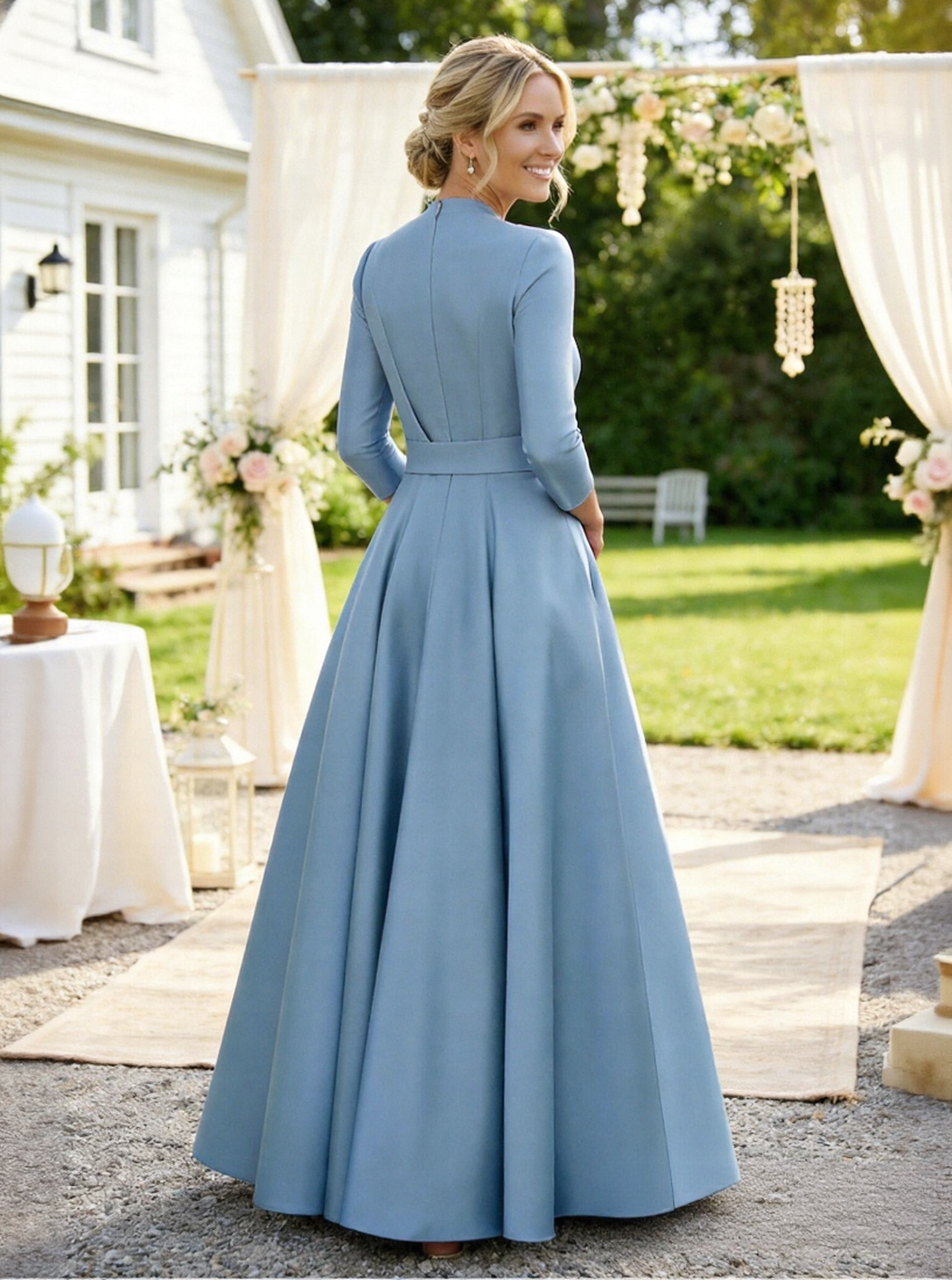 Long Sleeves Satin Pleated A Line Mother of the Bride Dresses