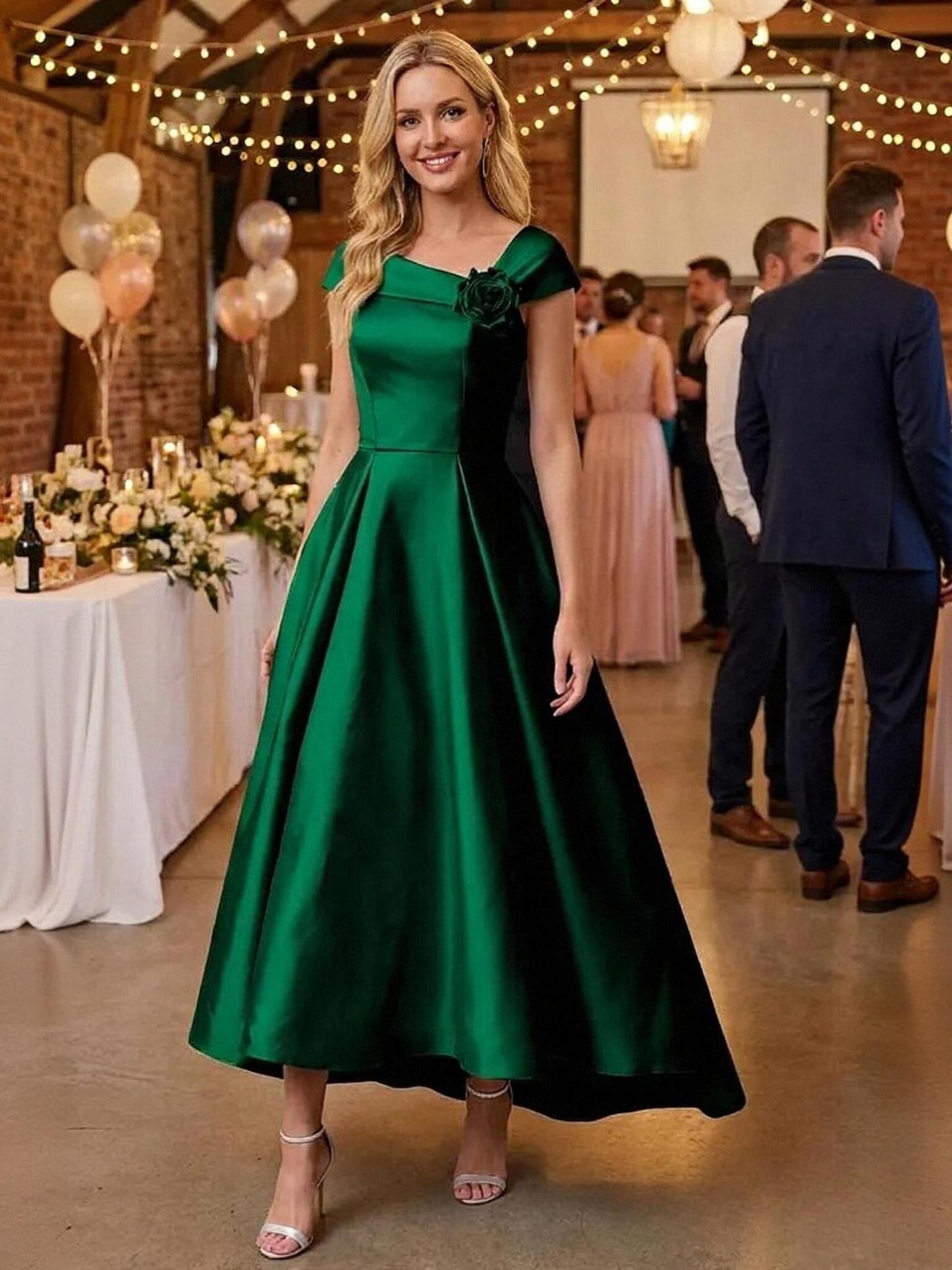 Satin Tea Length Asymmetric Neck Mother of the Bride Dresses