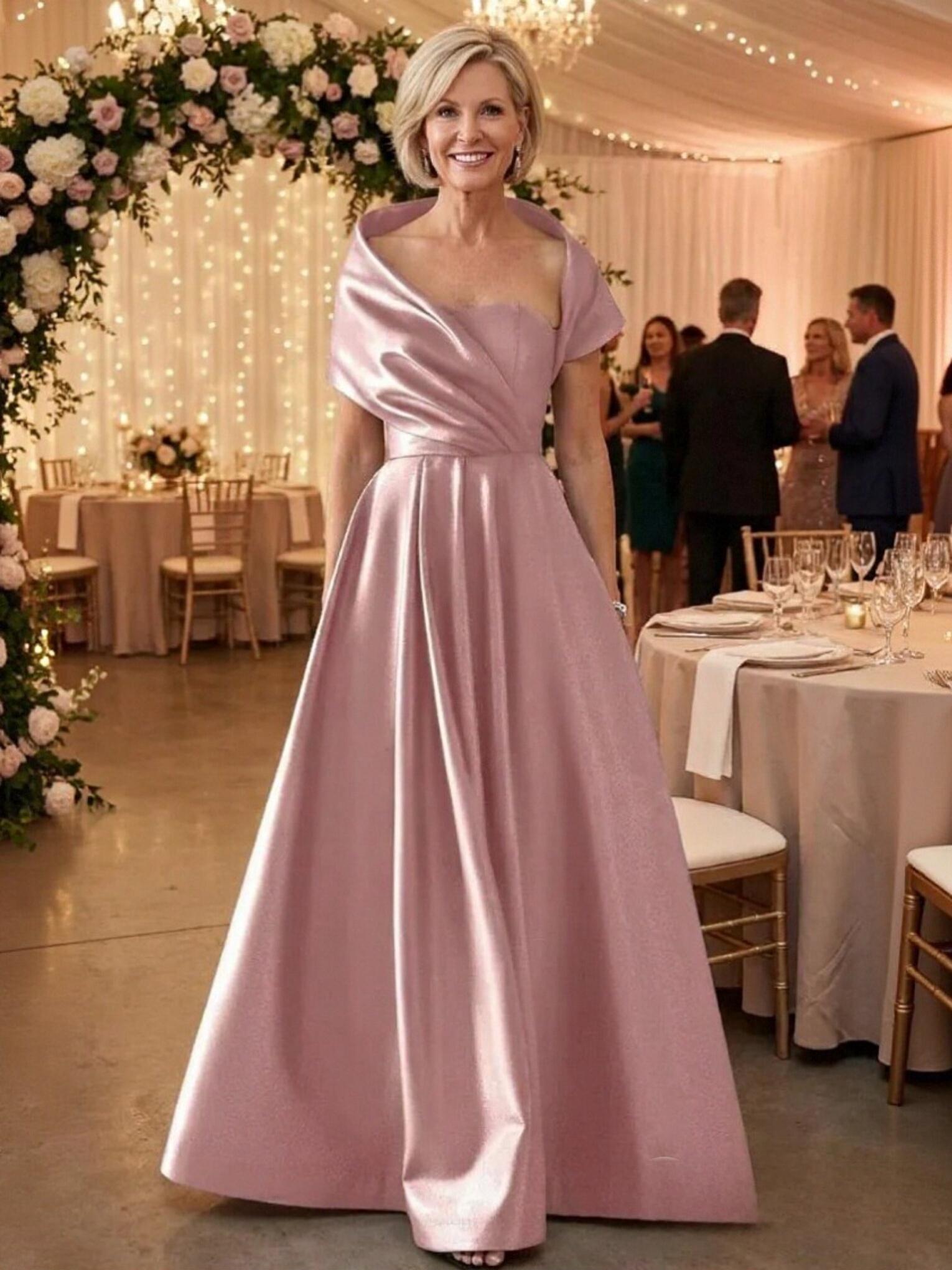 Satin Cap Sleeves Asymmetric Neck Mother of the Bride Dresses