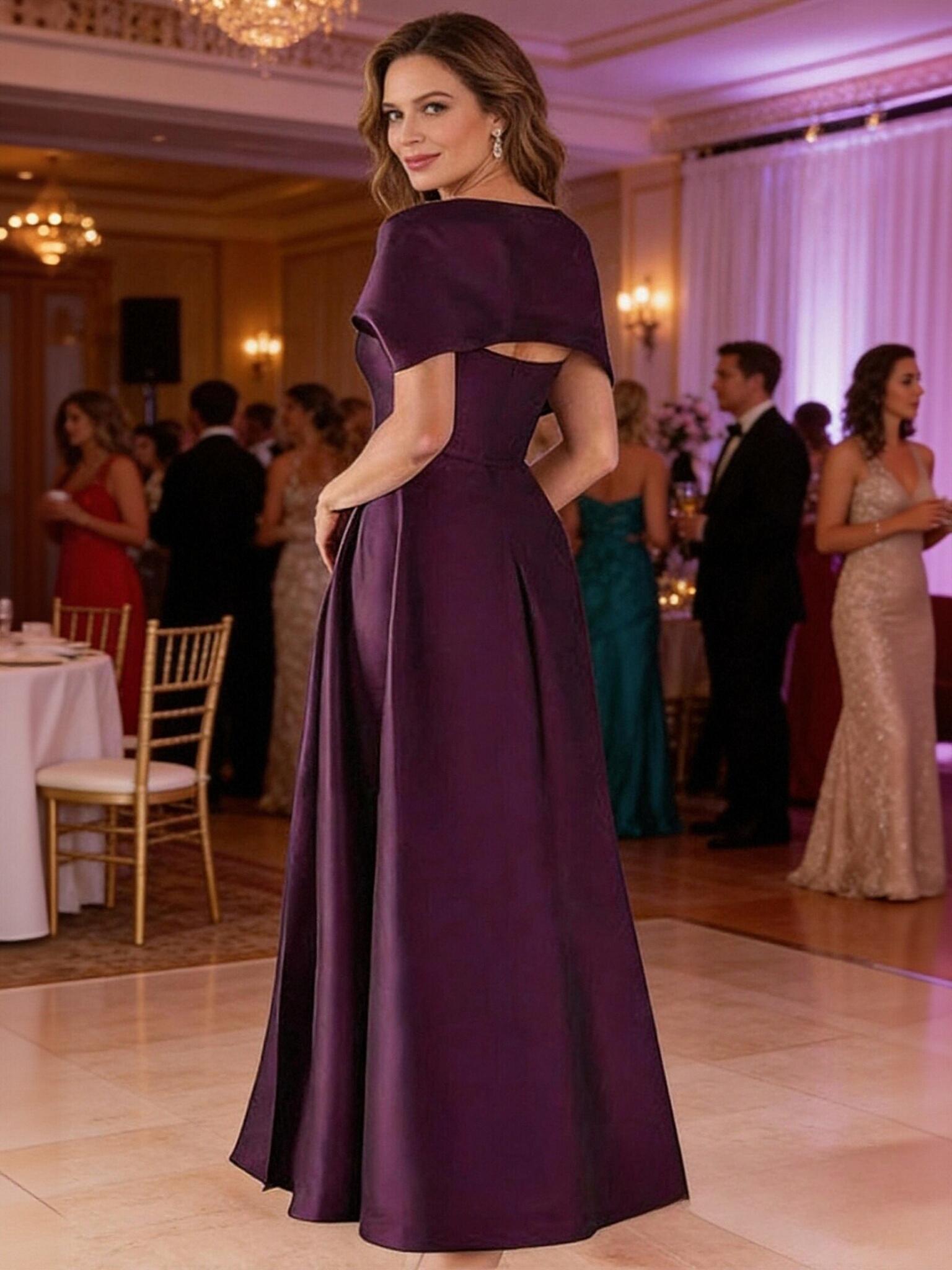 Satin Cap Sleeves Asymmetric Neck Mother of the Bride Dresses