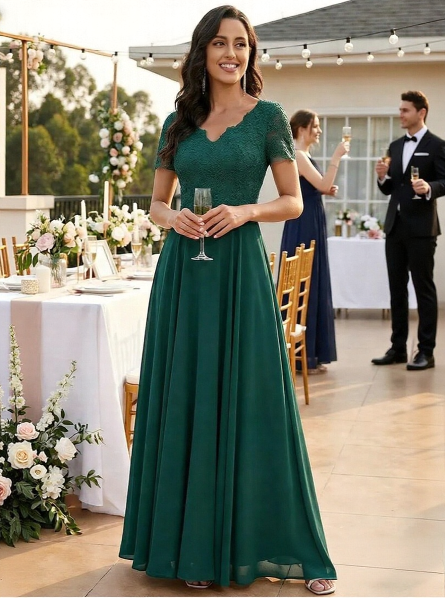 Lace Chiffon Short Sleeves V Neck Long Mother of the Bride Dresses