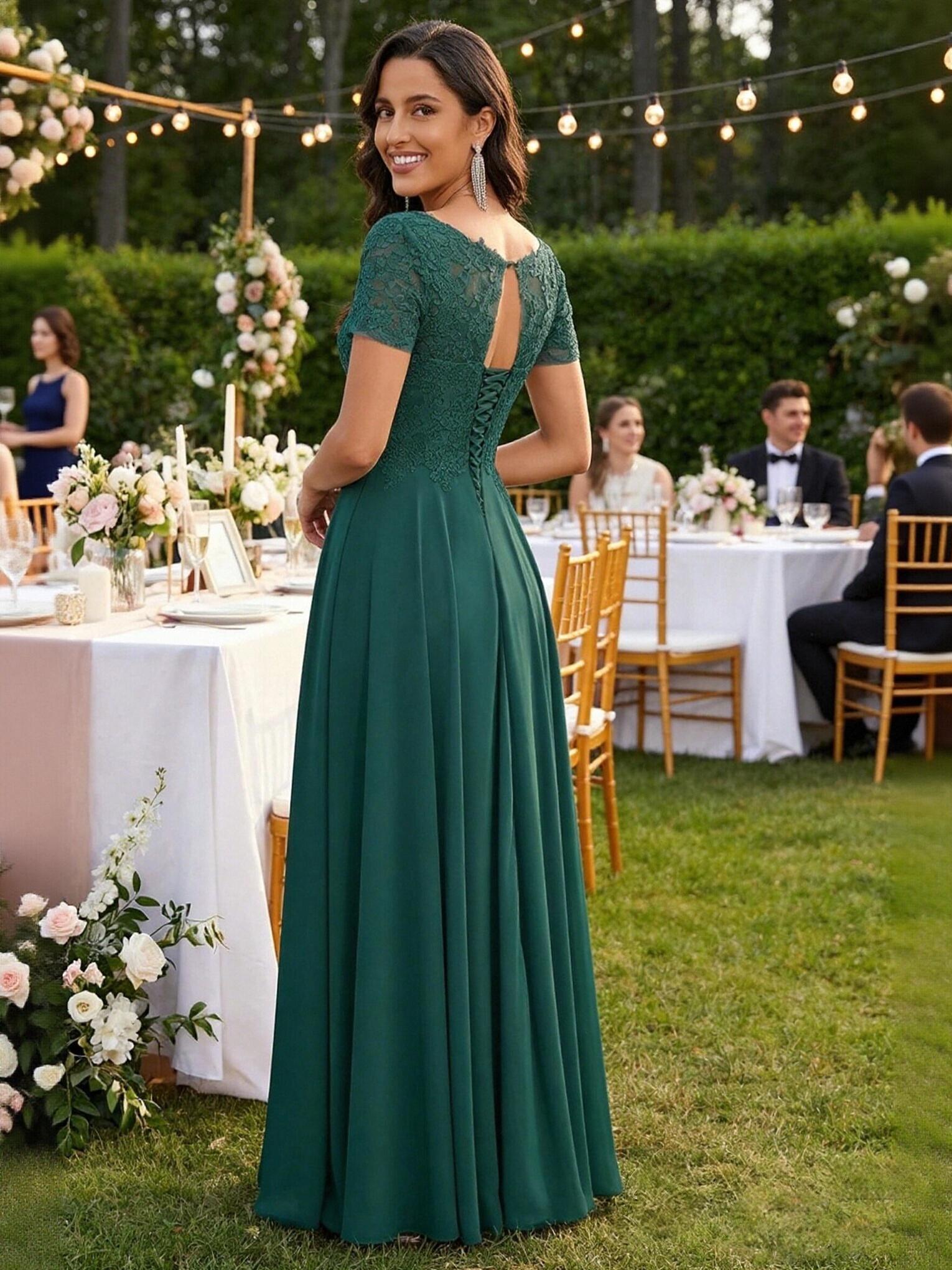 Lace Chiffon Short Sleeves V Neck Long Mother of the Bride Dresses