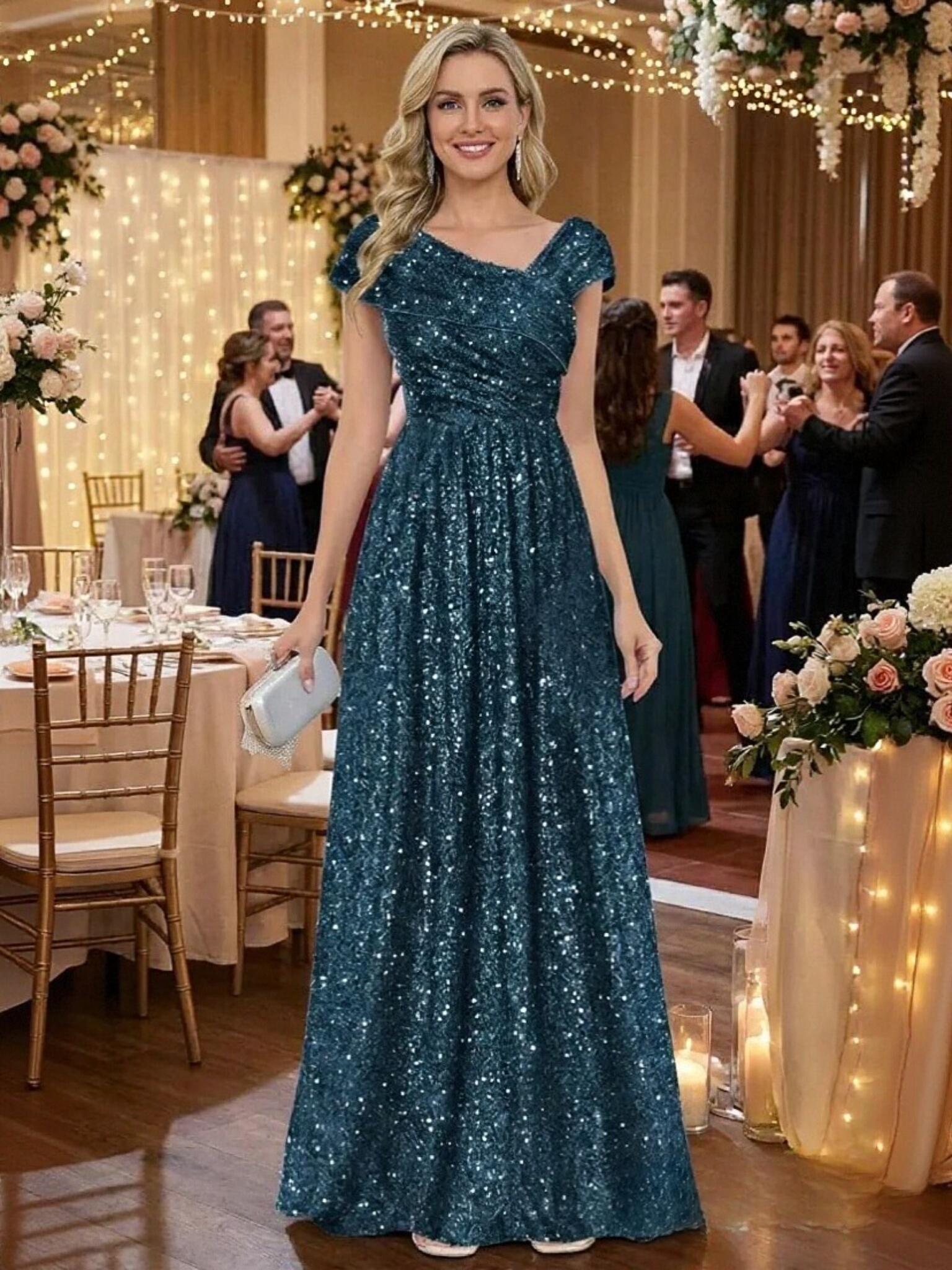 Sequin Cap Sleeves Asymmetric Neck Mother of the Bride Dresses