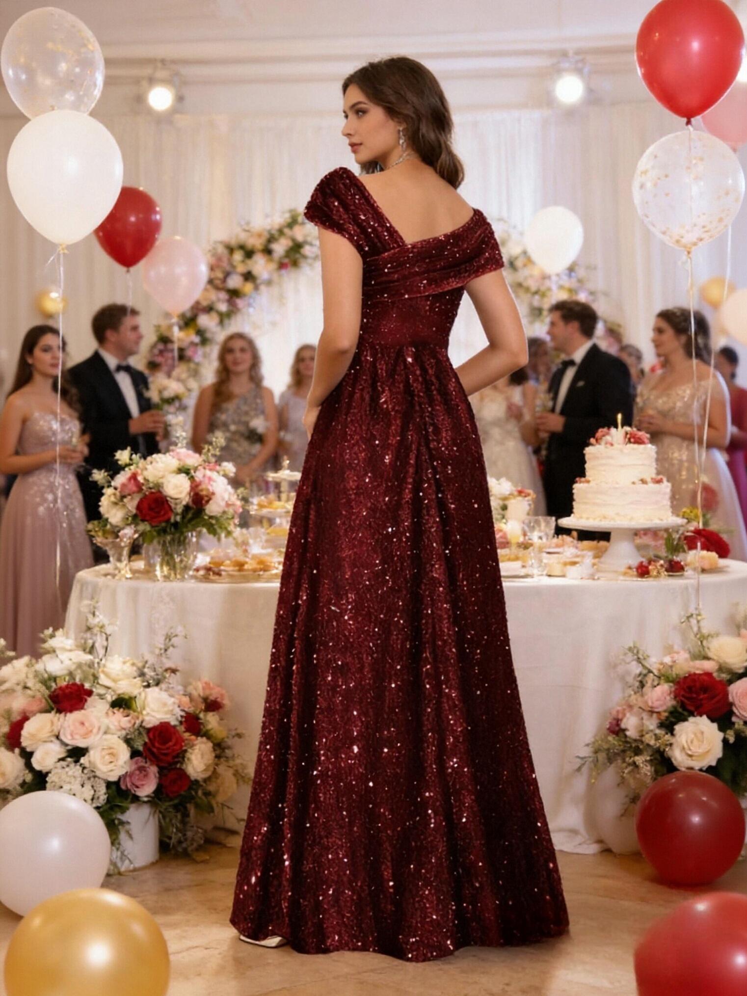 Sequin Cap Sleeves Asymmetric Neck Mother of the Bride Dresses