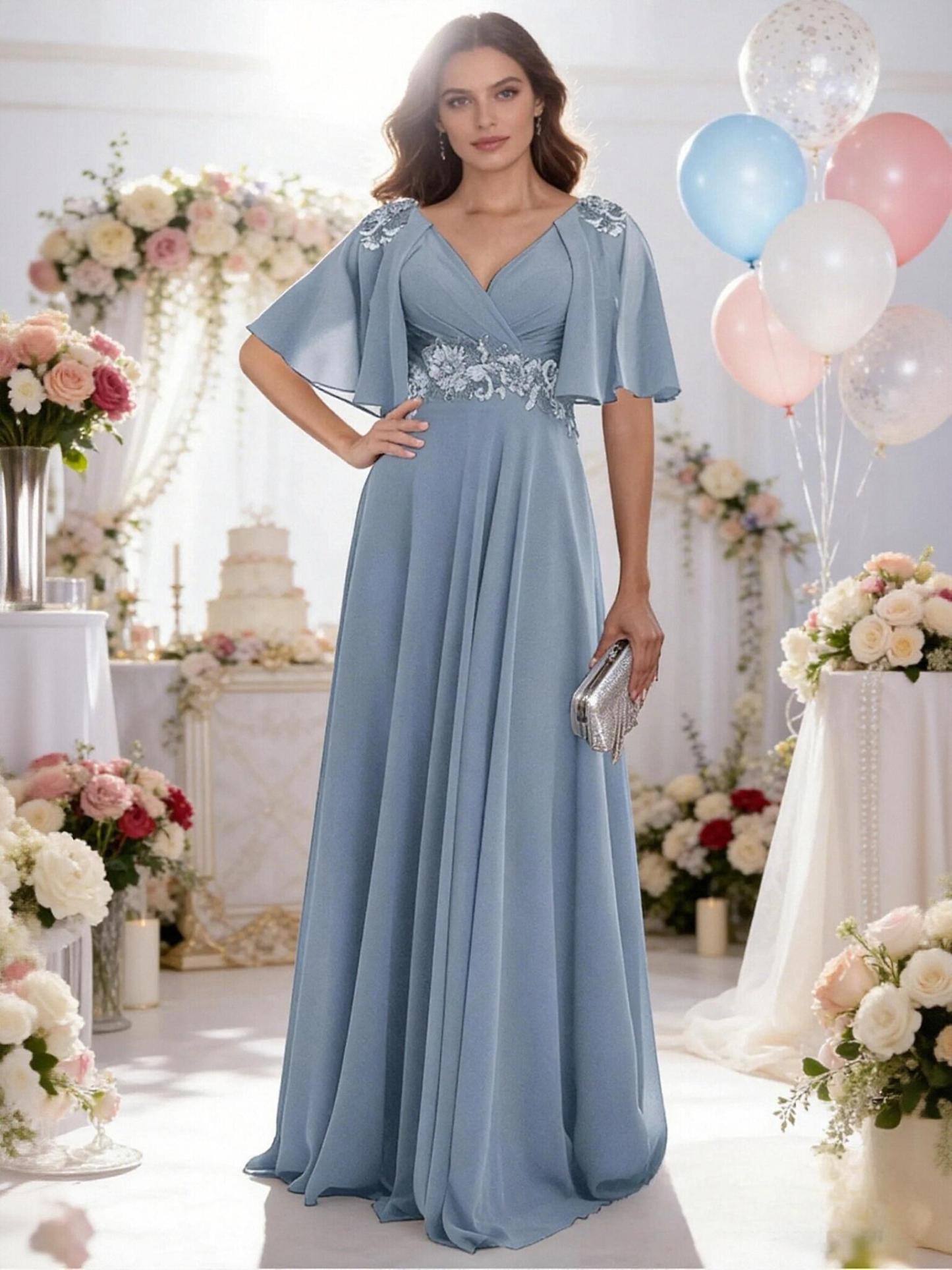 Flutter Sleeves Lace Chiffon Long Mother of the Bride Dresses