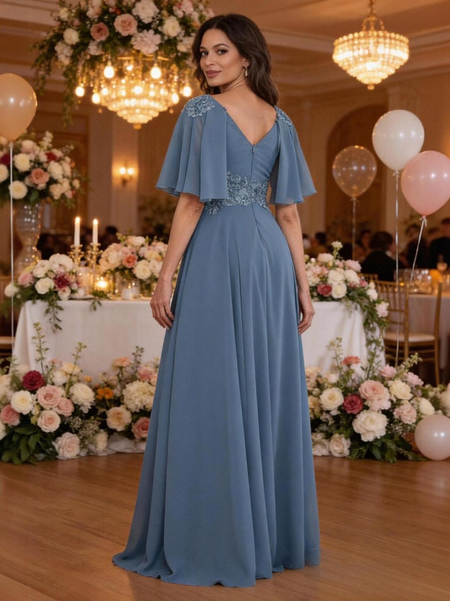 Flutter Sleeves Lace Chiffon Long Mother of the Bride Dresses