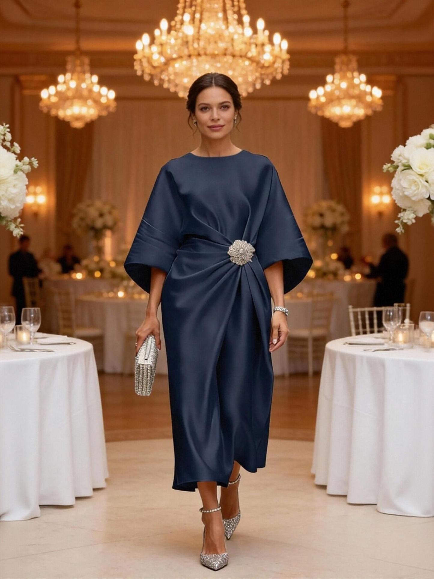 Satin Tea Length Half Sleeves Mother of the Bride Dresses