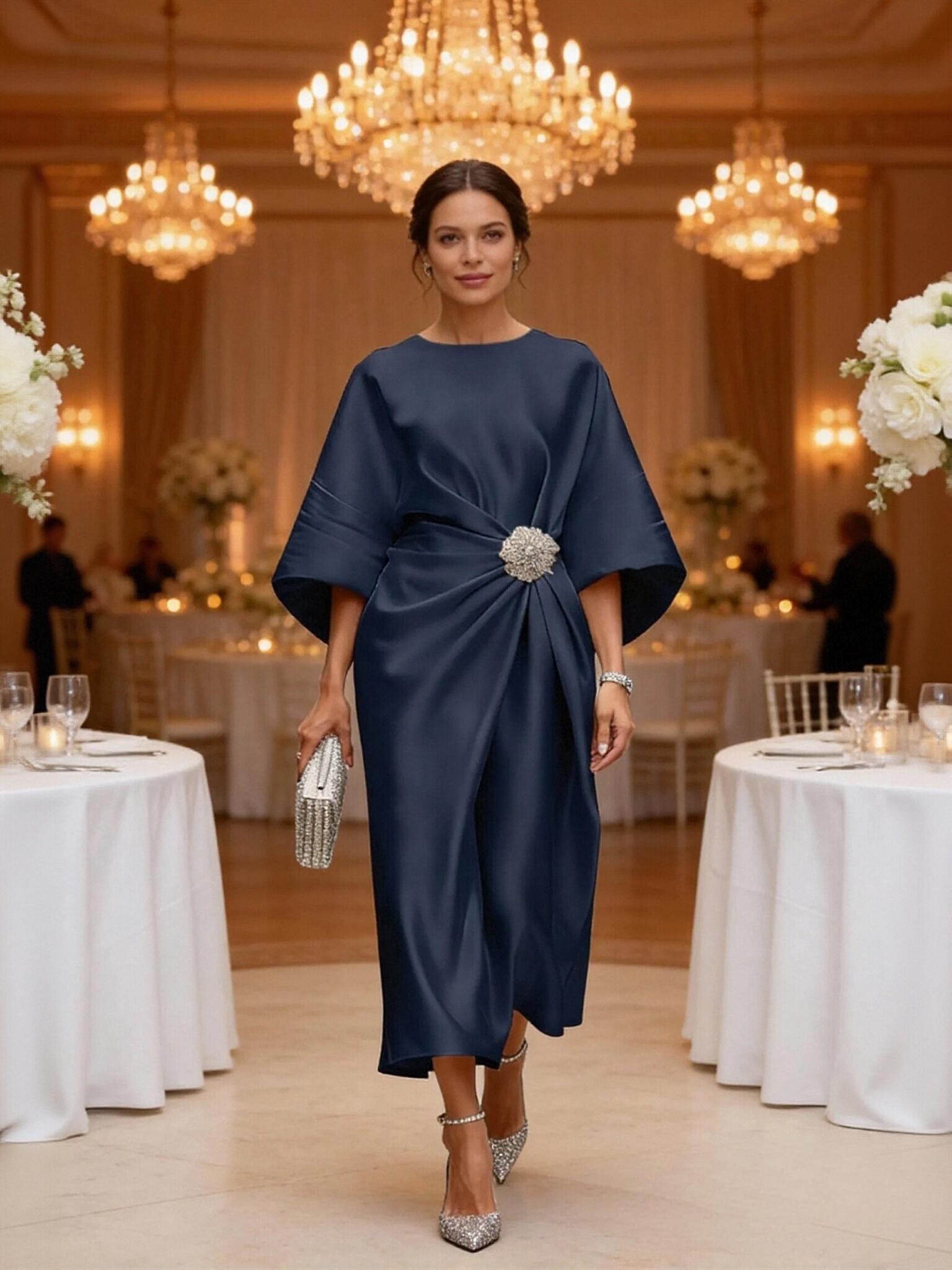 Satin Tea Length Half Sleeves Mother of the Bride Dresses