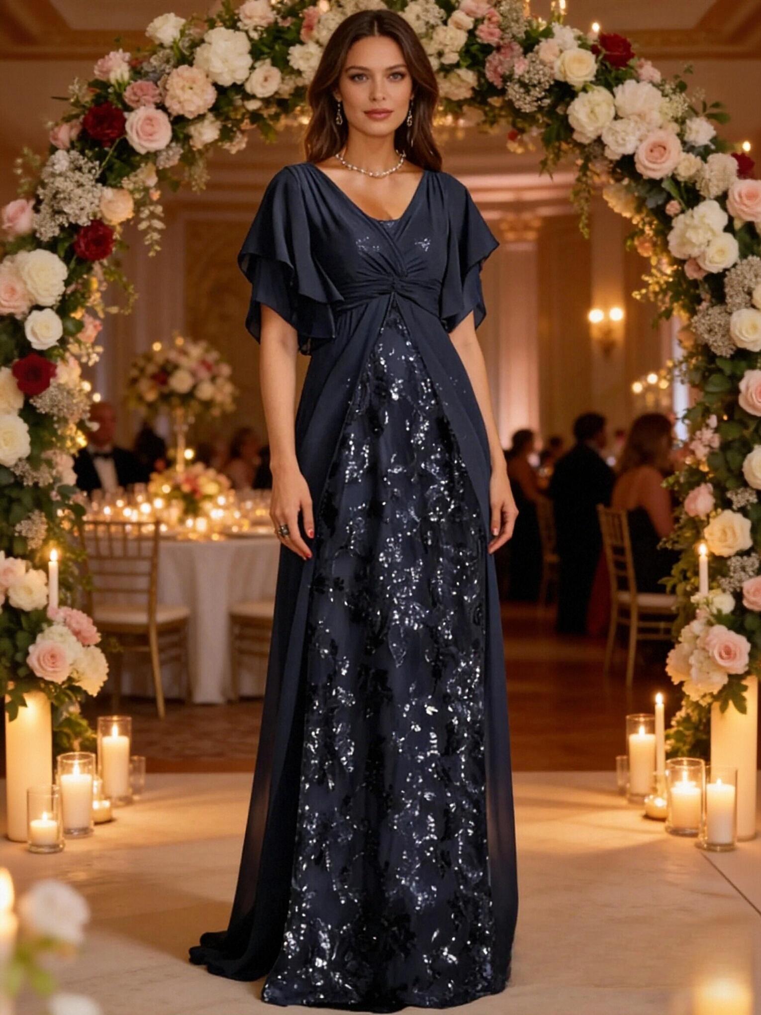 Sequin Chiffon V Neck Half Sleeves Mother of Bride Dresses