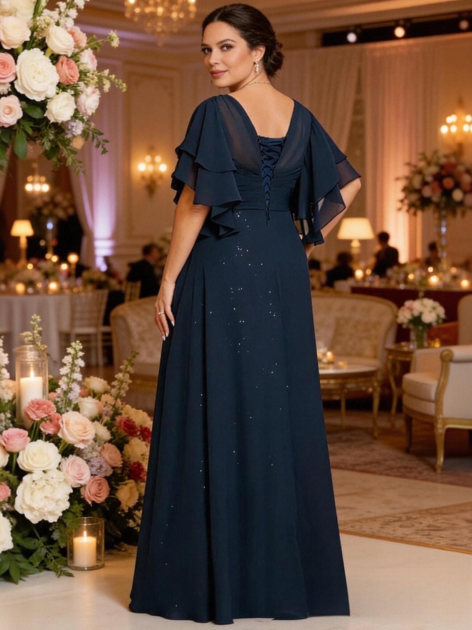 Sequin Chiffon V Neck Half Sleeves Mother of Bride Dresses