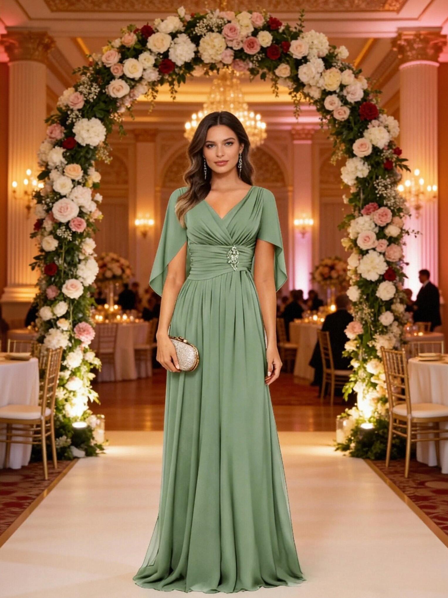 Cape Sleeves V Neck Chiffon Pleated Mother of the Bride Dresses