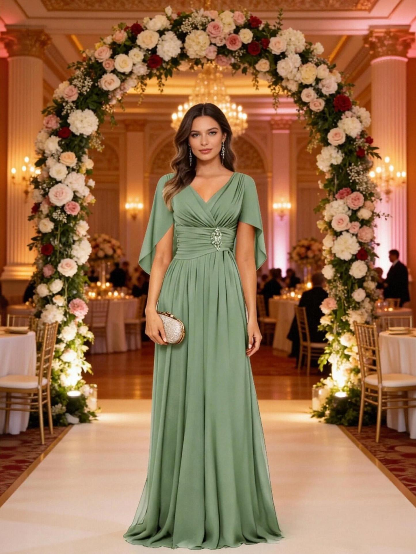 Cape Sleeves V Neck Chiffon Pleated Mother of the Bride Dresses