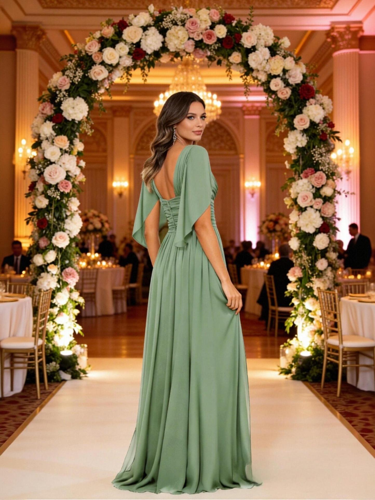 Cape Sleeves V Neck Chiffon Pleated Mother of the Bride Dresses