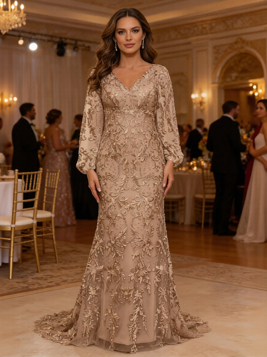 Long Sleeves Lace Appliques Mother of the Bride Dresses