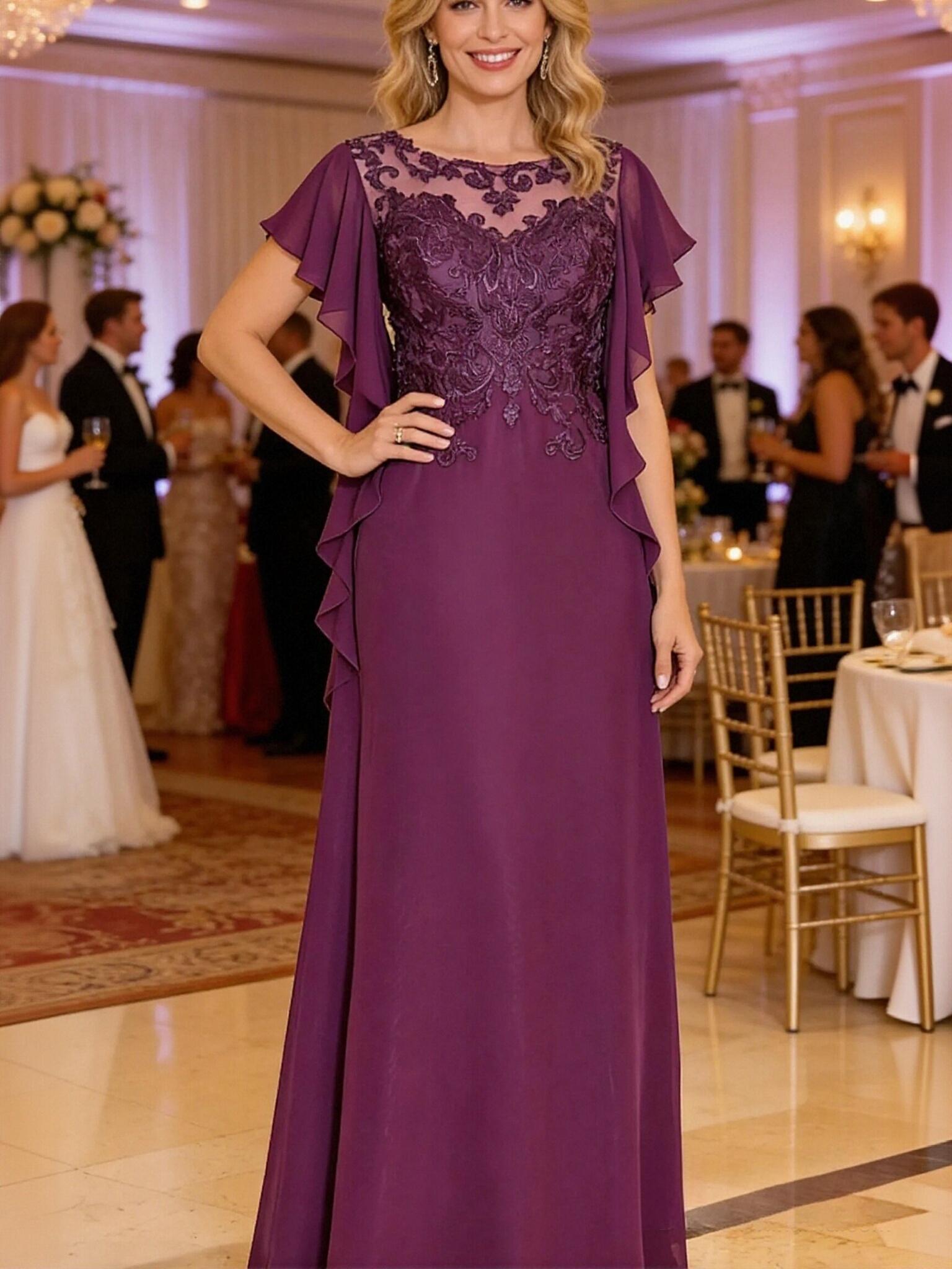 Chiffon A Line Short Sleeves Lace Mother of the Bride Dresses