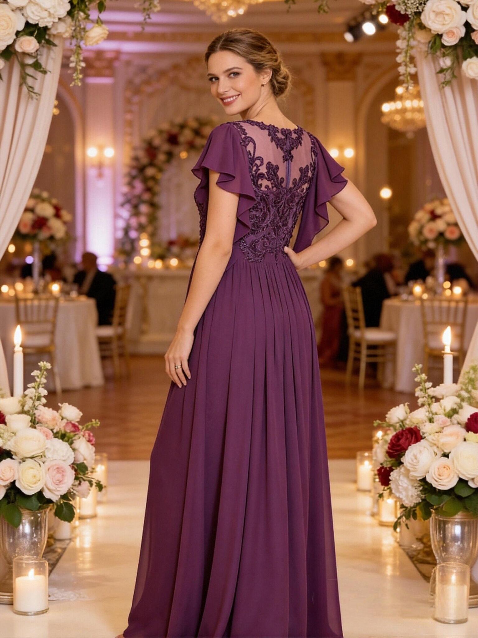 Chiffon A Line Short Sleeves Lace Mother of the Bride Dresses