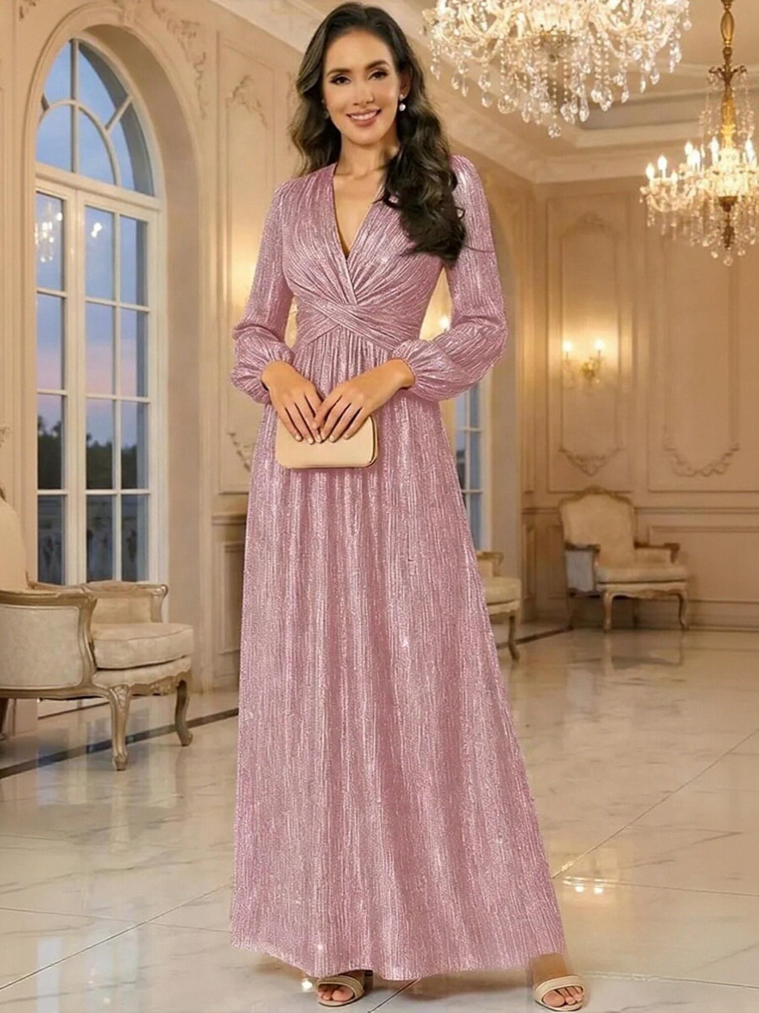 Glitter Tulle Long Sleeves V Neck A Line Mother of the Bride Dresses