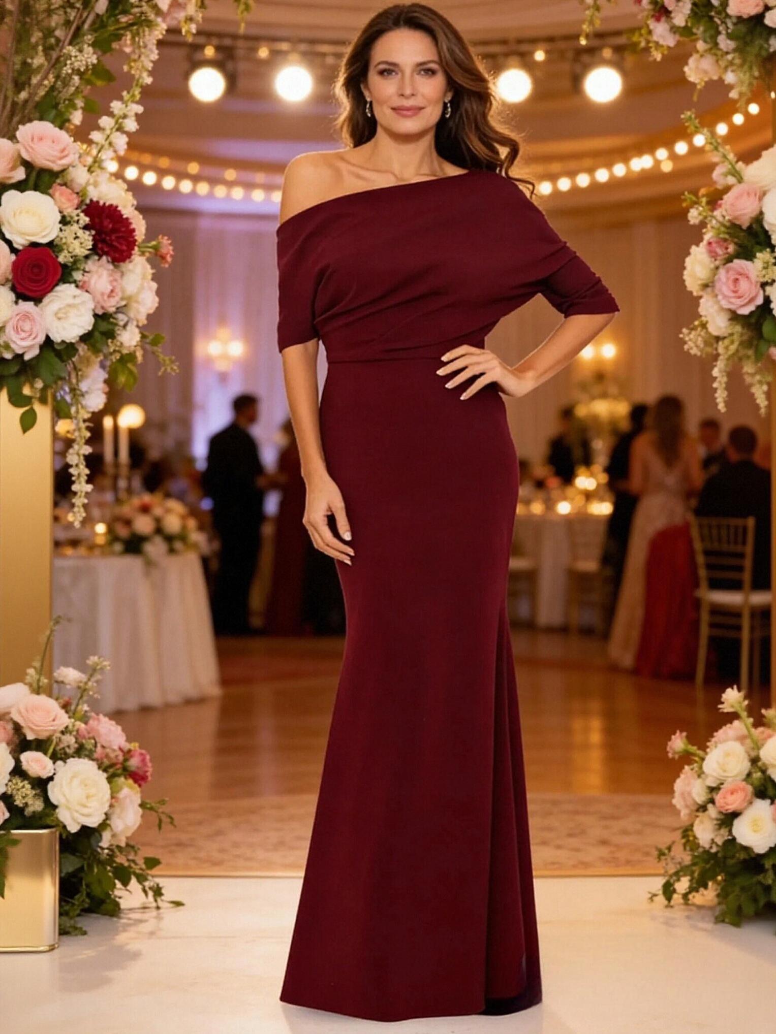 One Shoulder Satin Short Sleeves Mother of the Bride Dresses