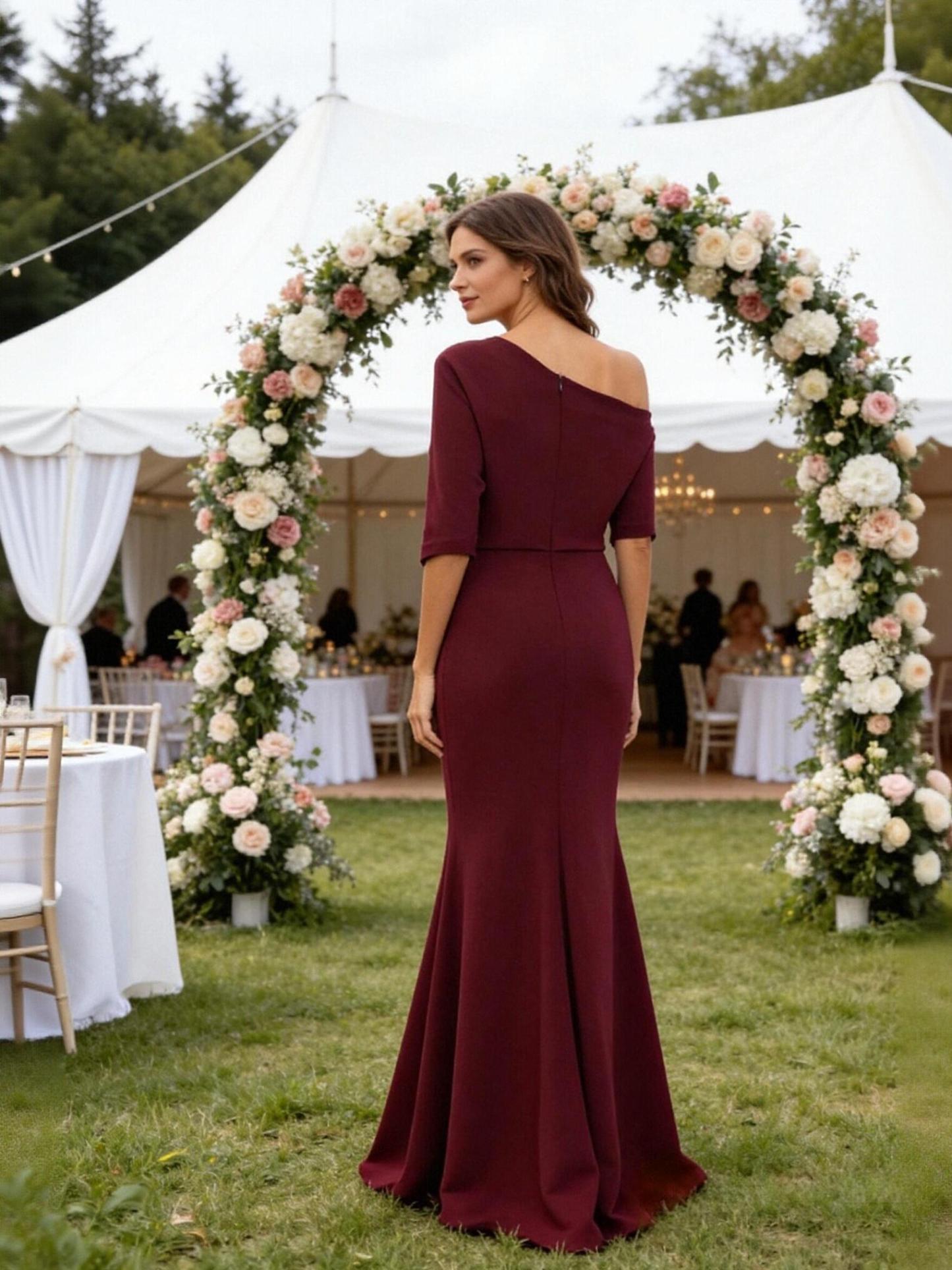 One Shoulder Satin Short Sleeves Mother of the Bride Dresses