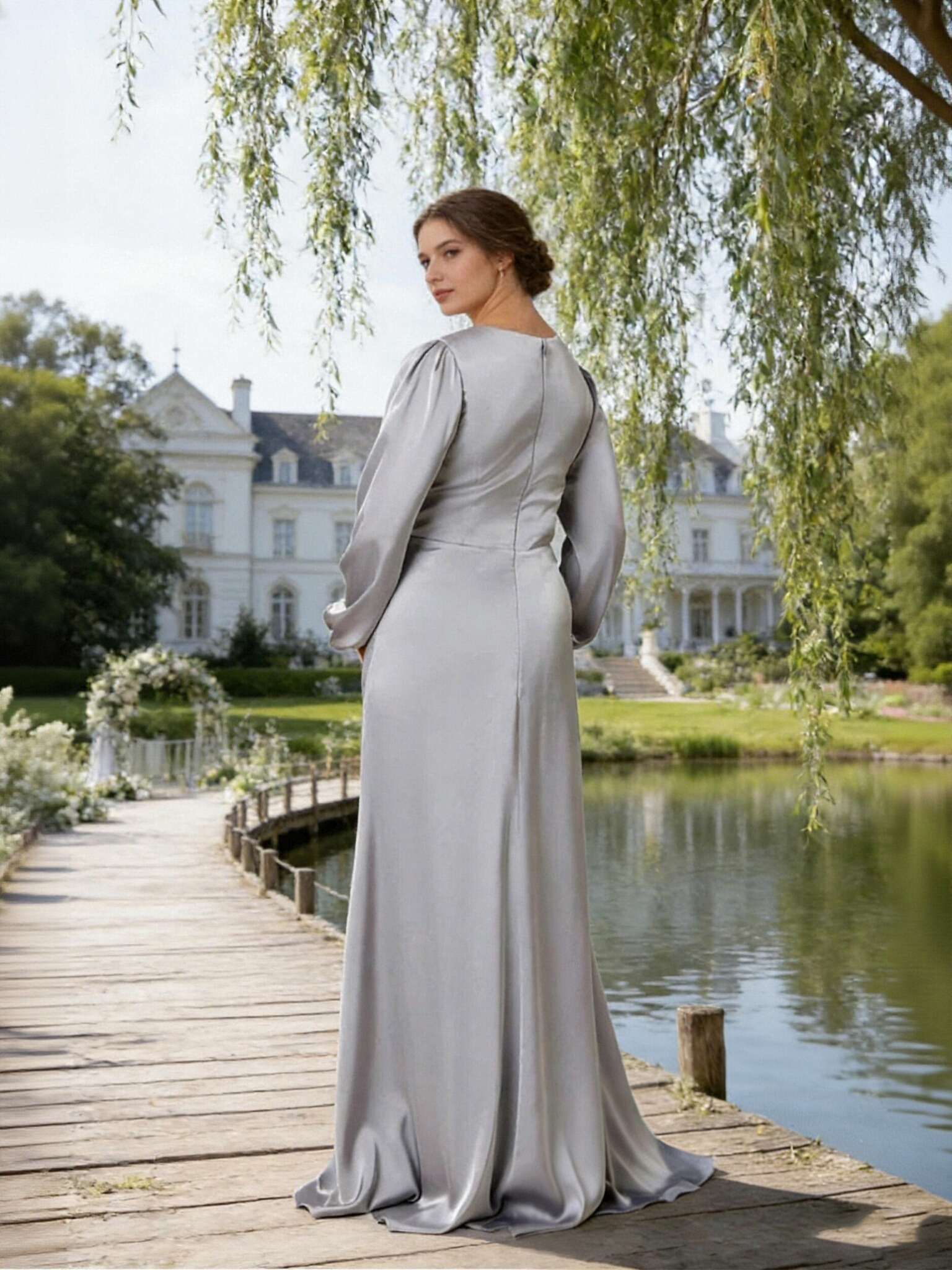 Satin Pleated Long Sleeves Mother of the Bride Dresses with Slit