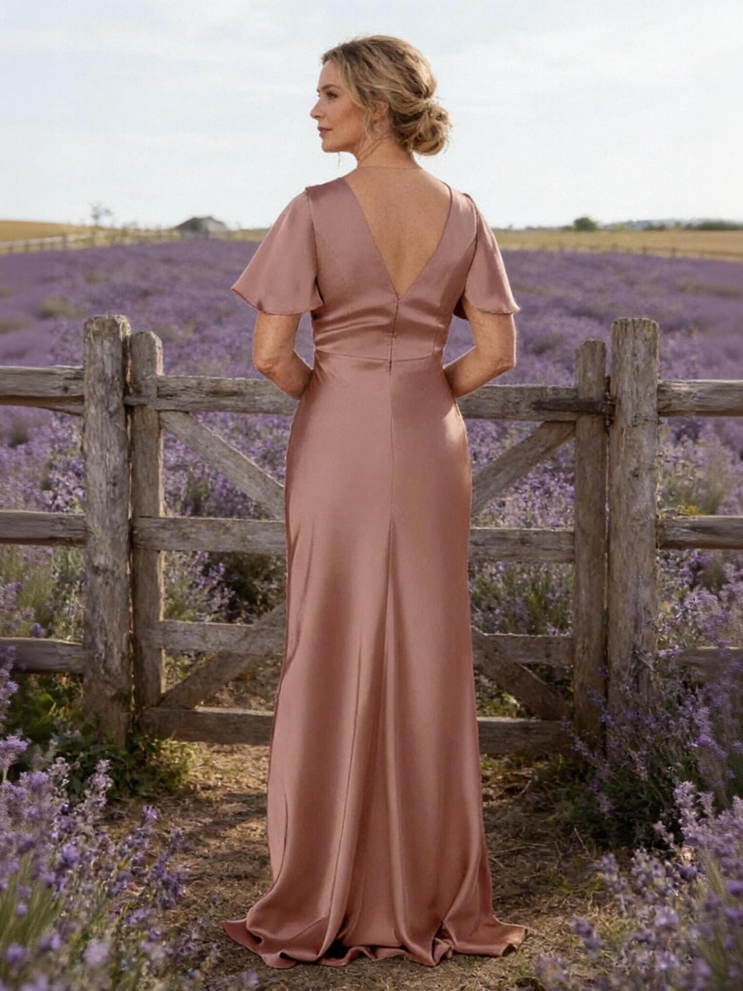 V Neck Satin Short Sleeves Mother of the Bride Dresses