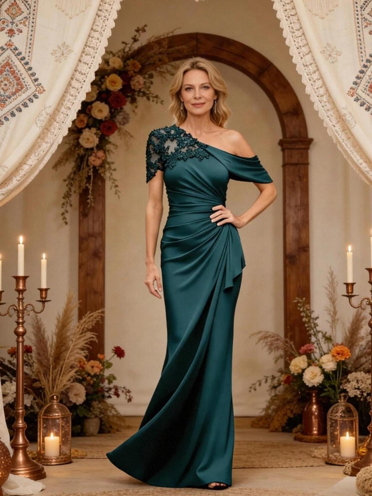 Satin One Shoulder Short Sleeves Beads Mother of the Bride Dress