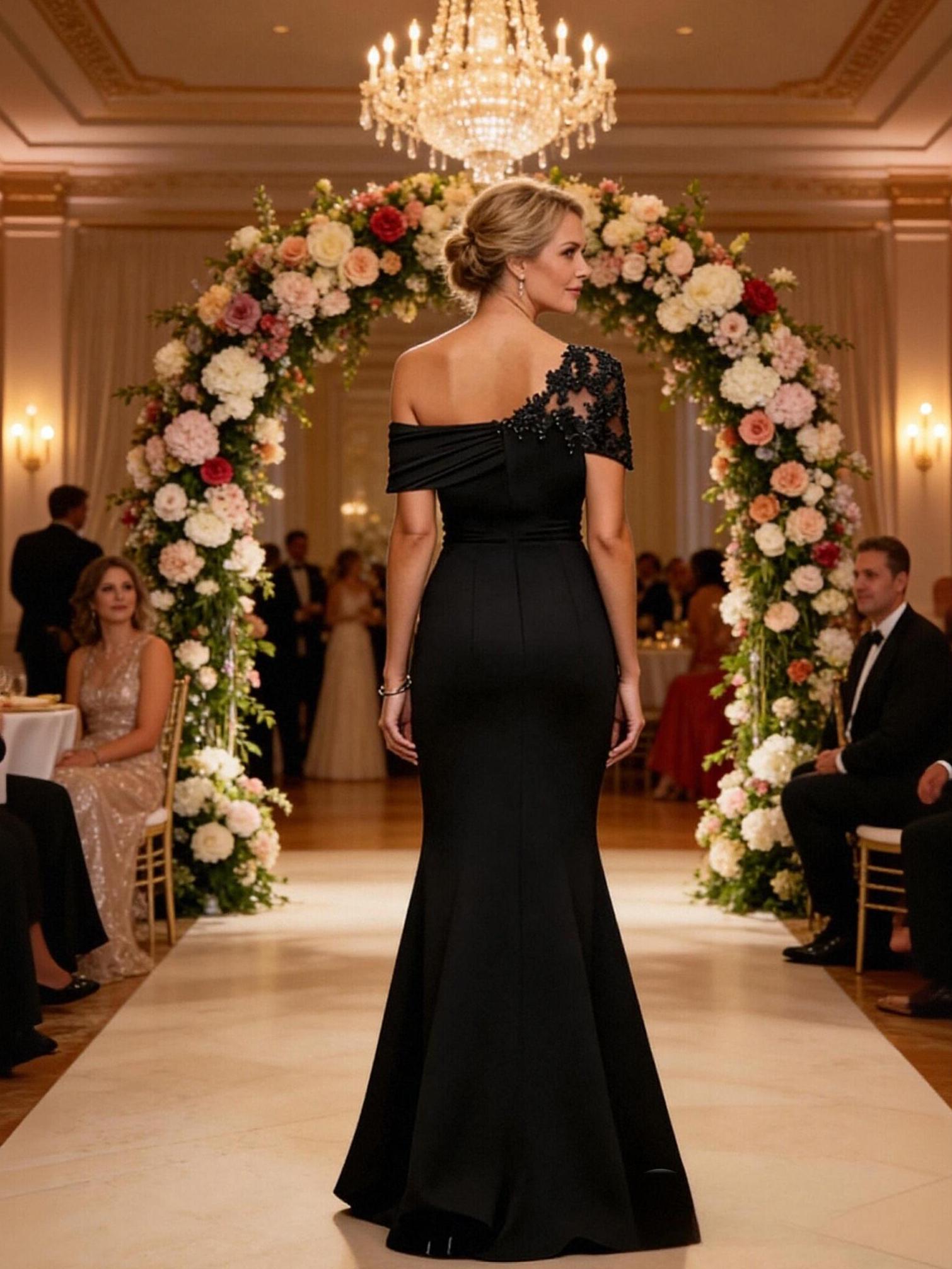 Satin One Shoulder Short Sleeves Beads Mother of the Bride Dress