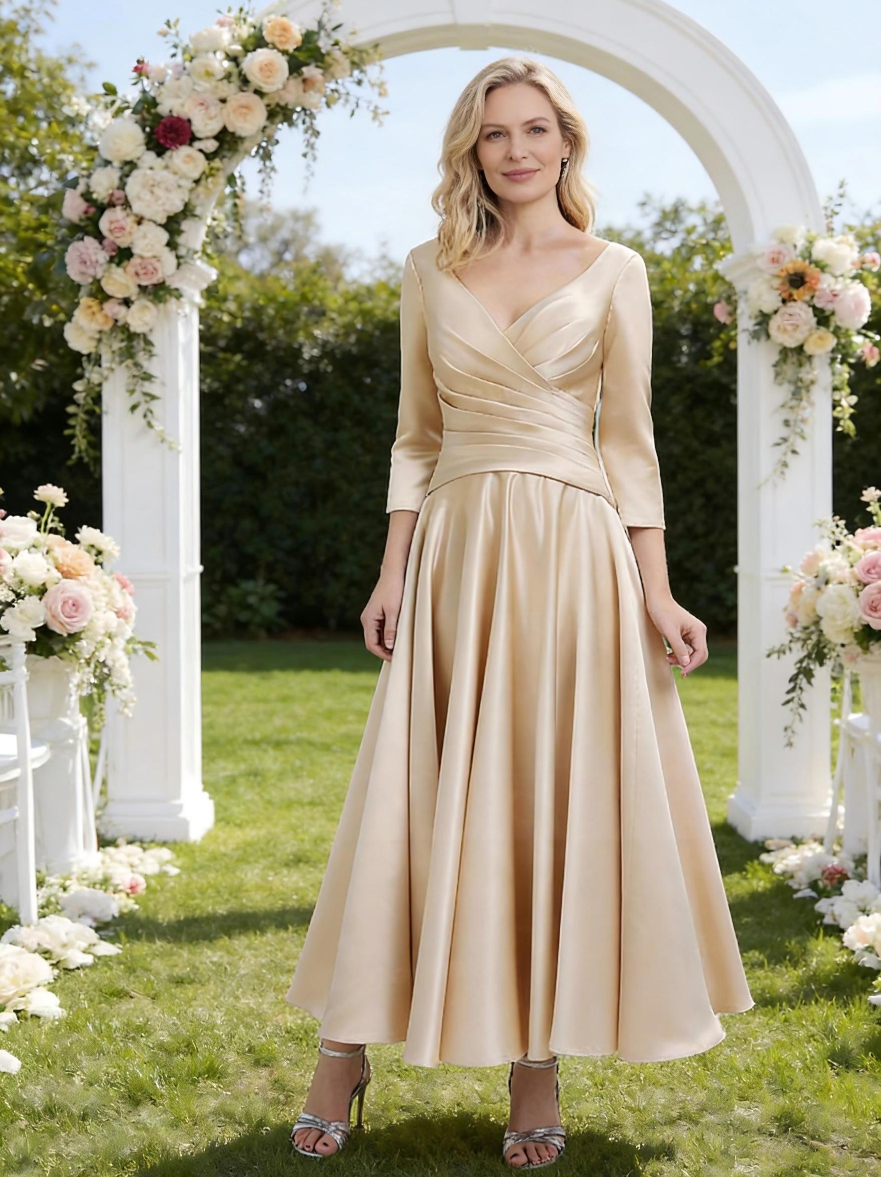 Satin Pleated 3/4 Sleeves Mother of the Bride Dresses