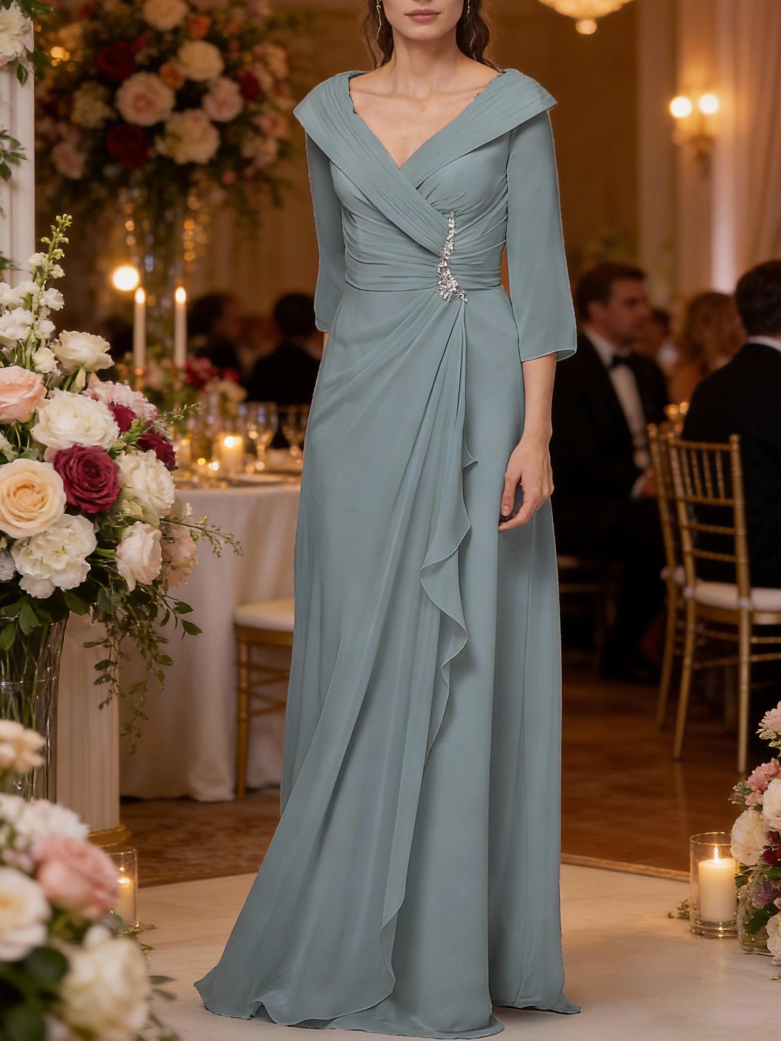 Chiffon 3/4 Sleeves Bead Mother of the Bride Dress with Ruffles