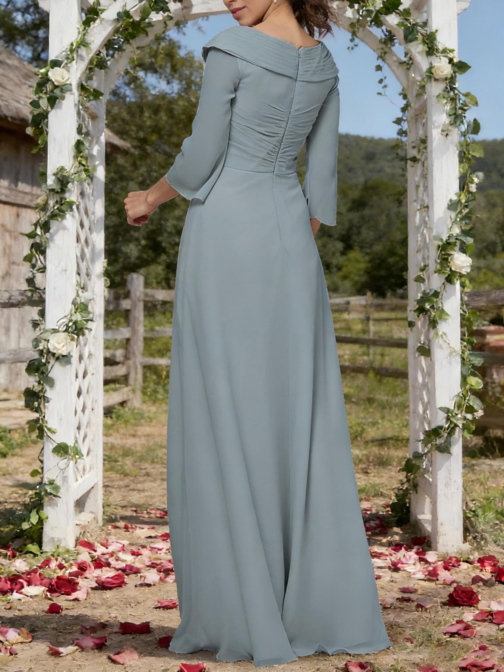 Chiffon 3/4 Sleeves Bead Mother of the Bride Dress with Ruffles