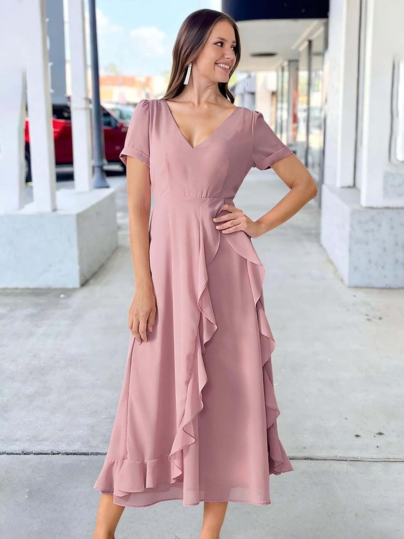 Short Ruffles Chiffon V Neck Mother of the Bride Dresses