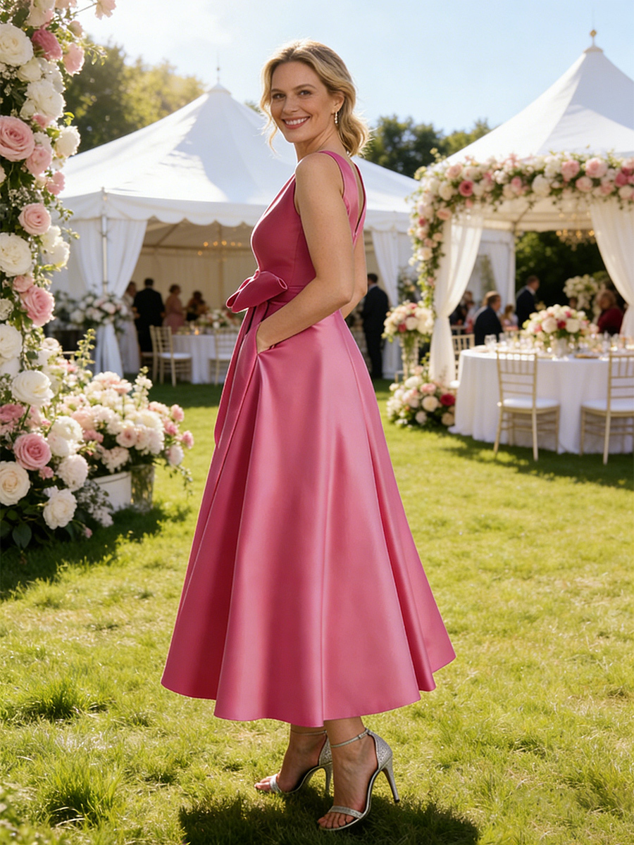Satin Ankle Length Mother of the Bride Dress with Pockets