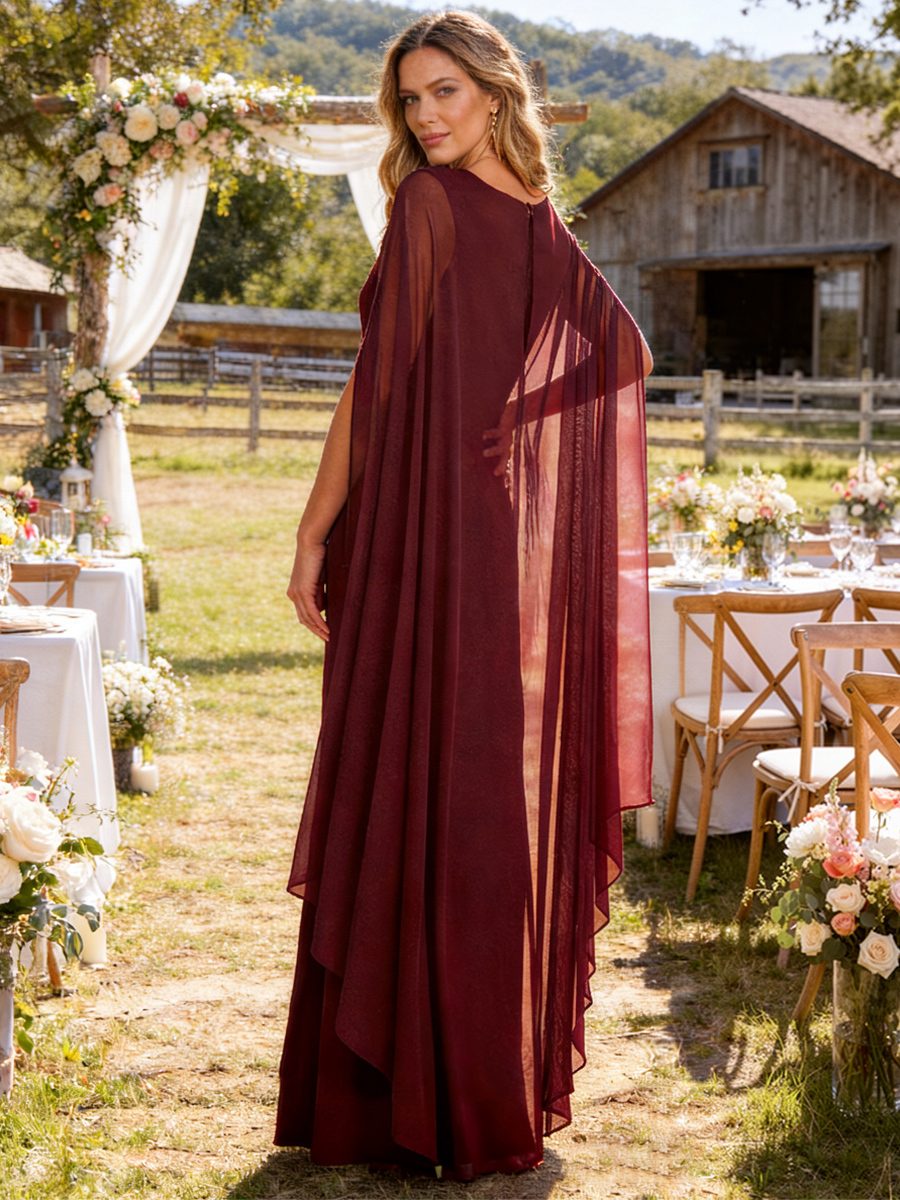 V Neck Beading Cape Sleeves Mother of the Bride Dress