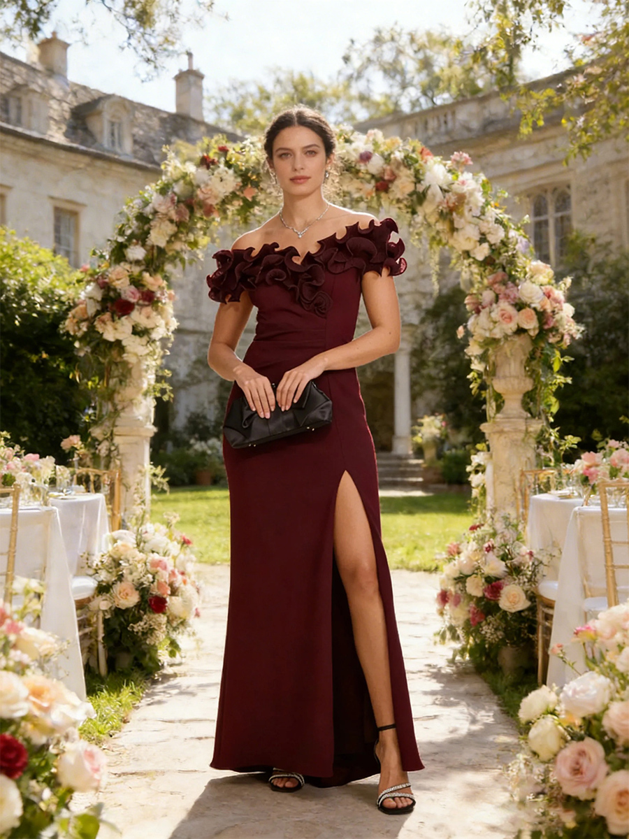 Ruffle Off Shoulder Mother of the Bride Dress with Slit