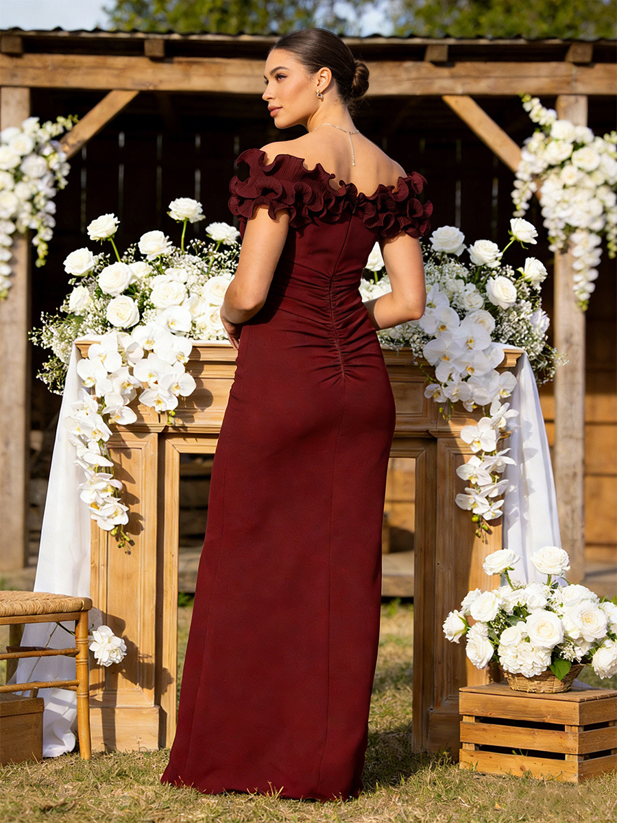 Ruffle Off Shoulder Mother of the Bride Dress with Slit