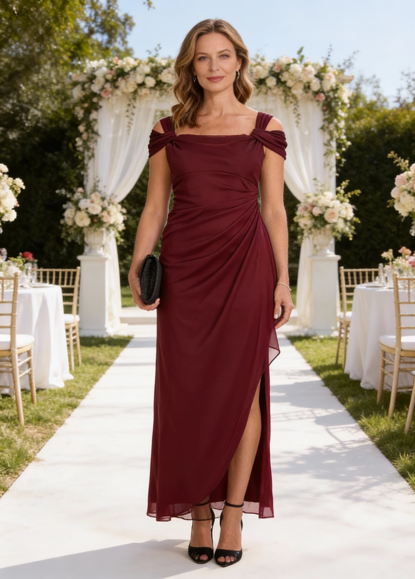 Cowl Neck Ankle Length Mother of the Bride Dress with Slit