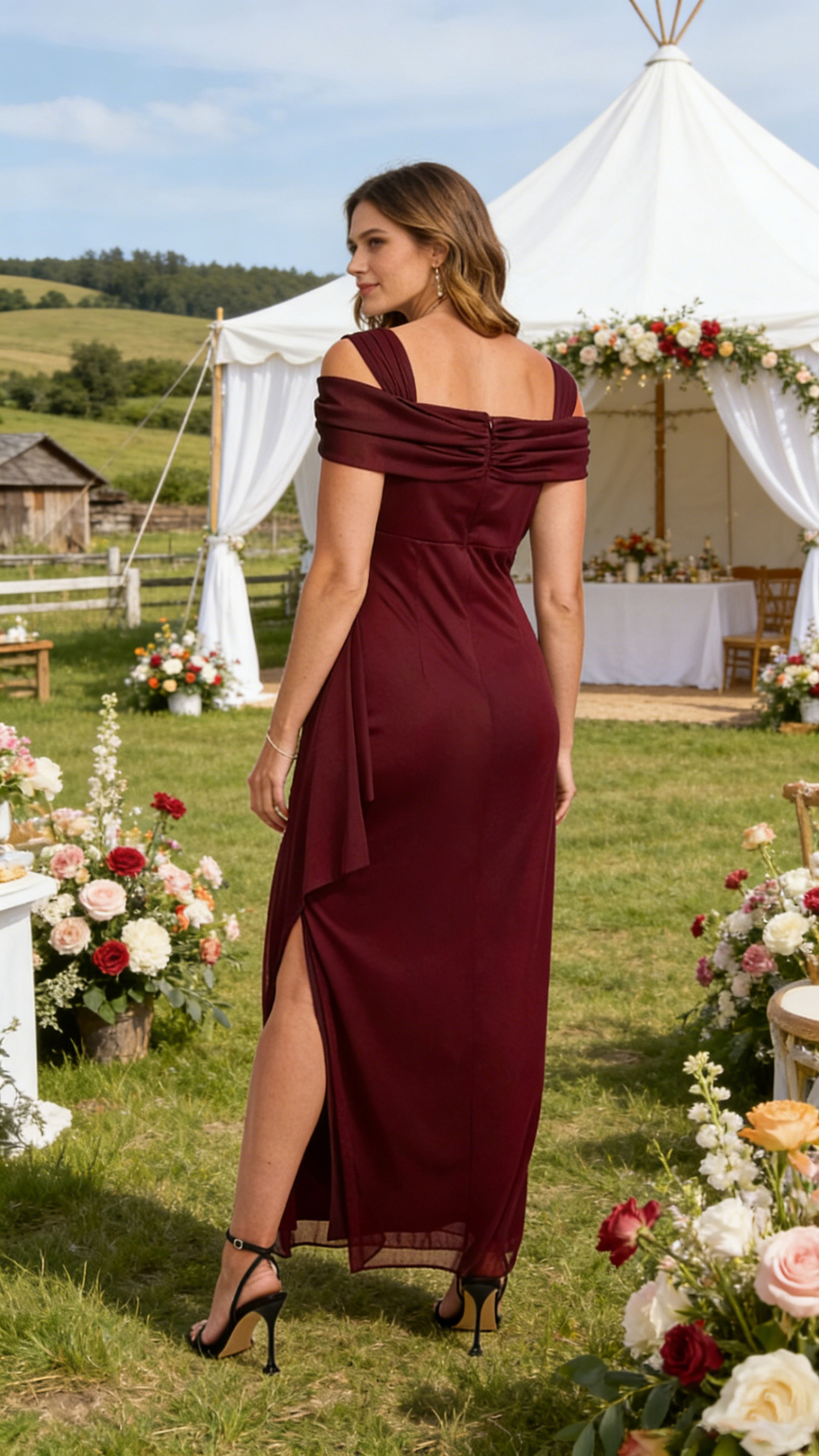 Cowl Neck Ankle Length Mother of the Bride Dress with Slit