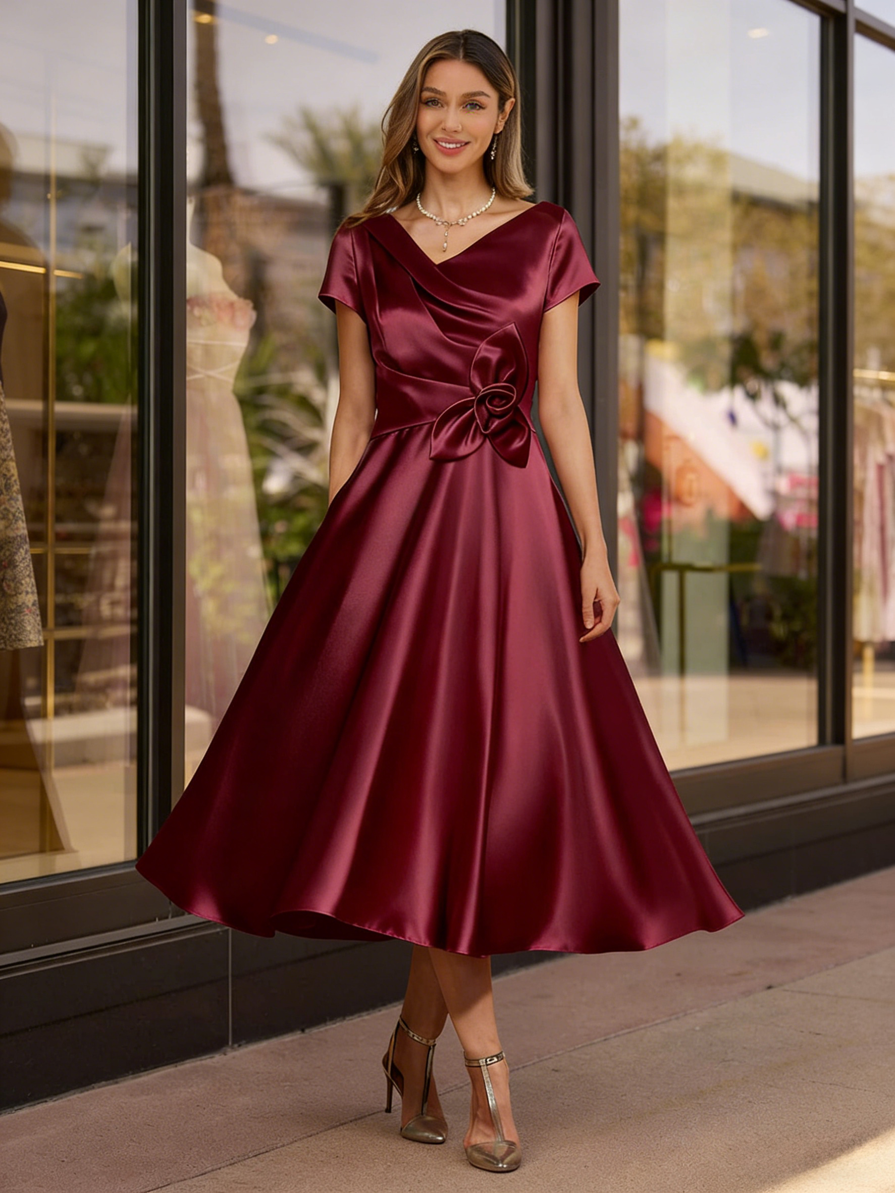 Satin Tea Length Short Sleeves Mother of the Bride Dress